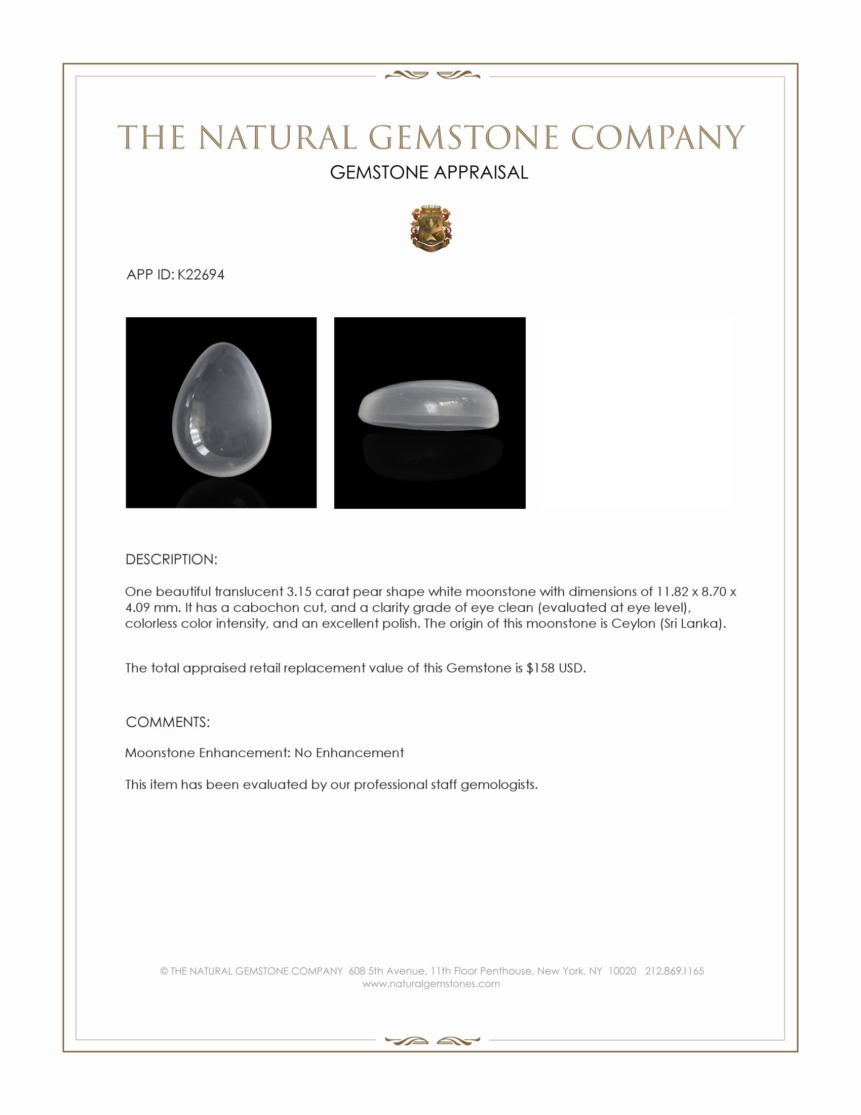 3.15 Ct. White Cabochon Moonstone from Ceylon (Sri Lanka)