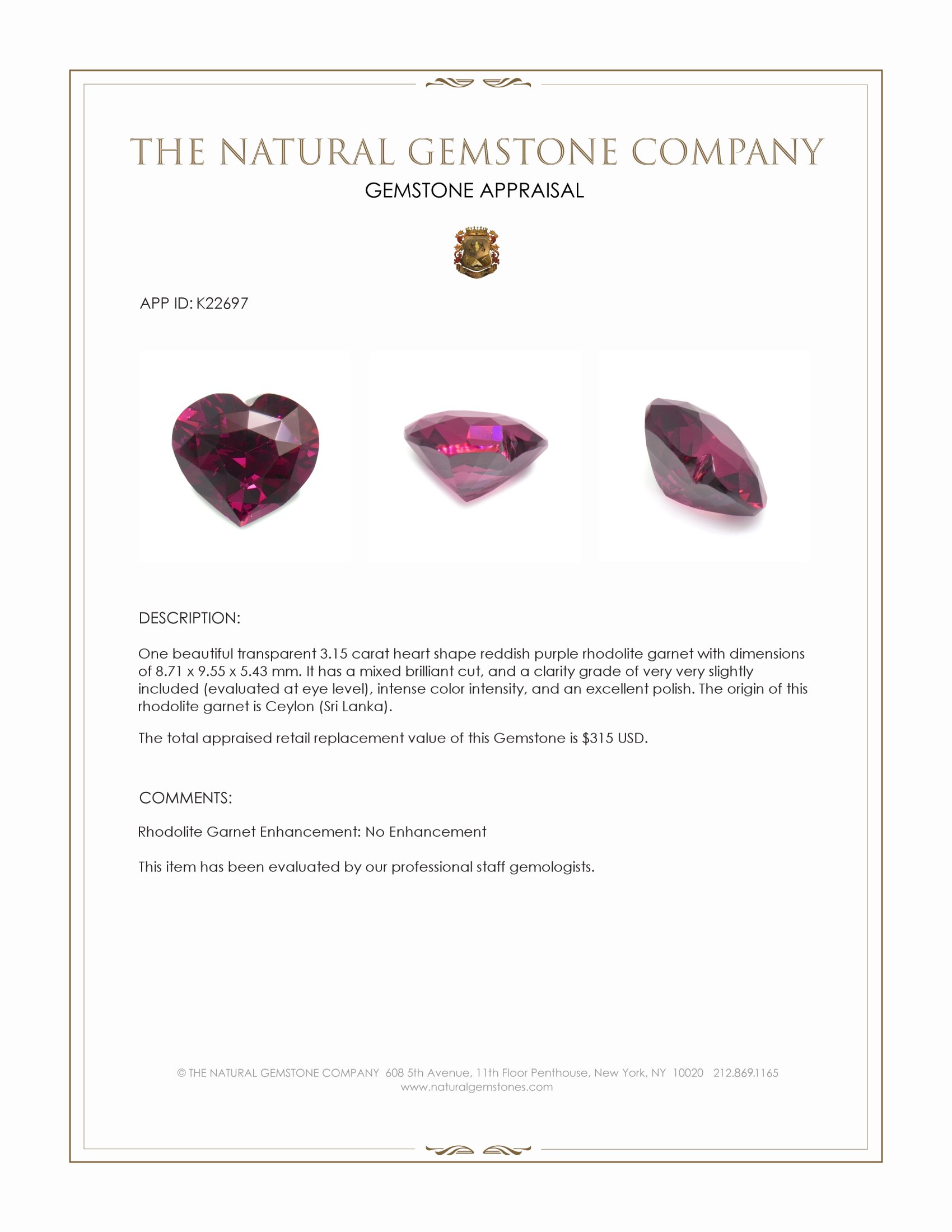 3.15 Ct. Reddish Purple Rhodolite Garnet from Ceylon (Sri Lanka)