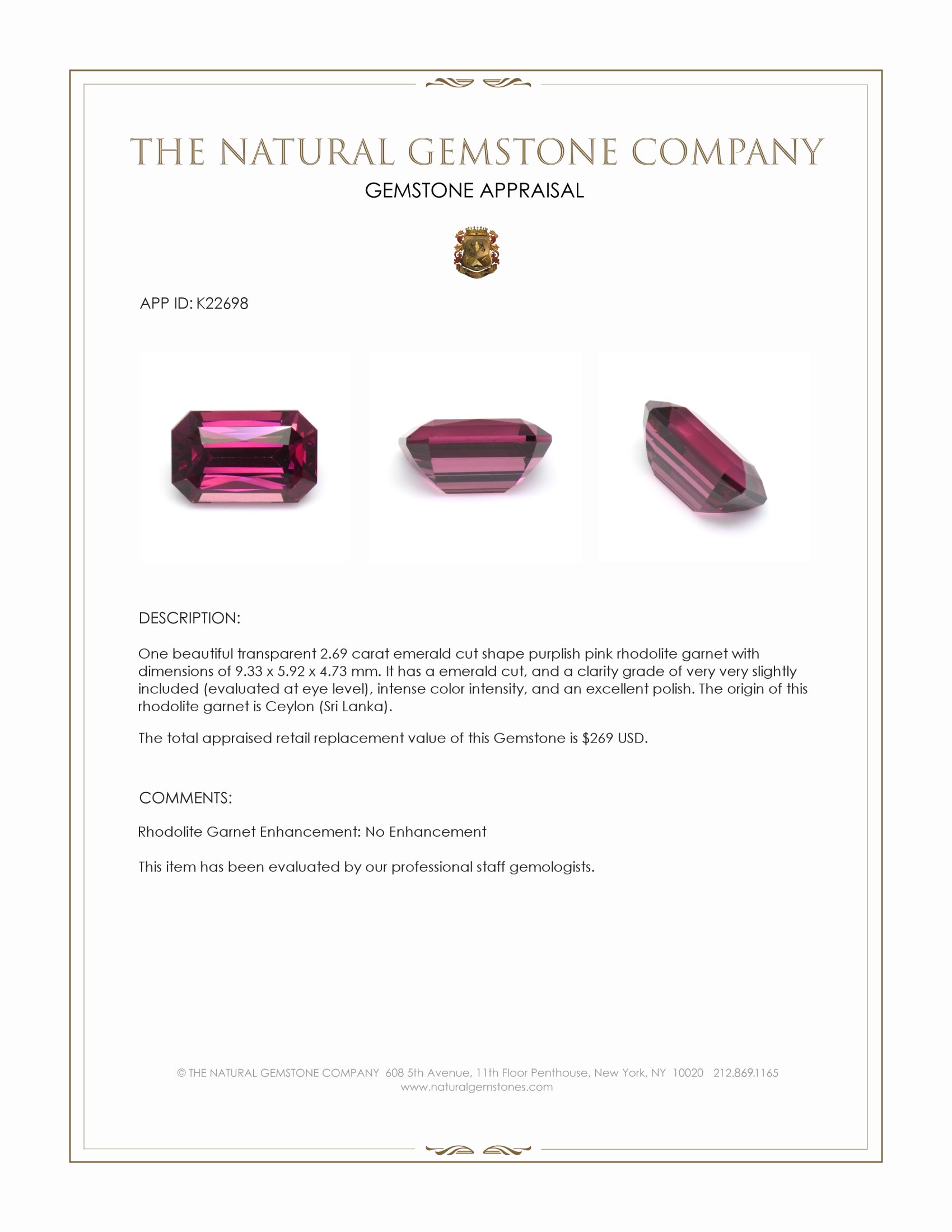 2.69 Ct. Rhodolite Garnet from Ceylon (Sri Lanka)