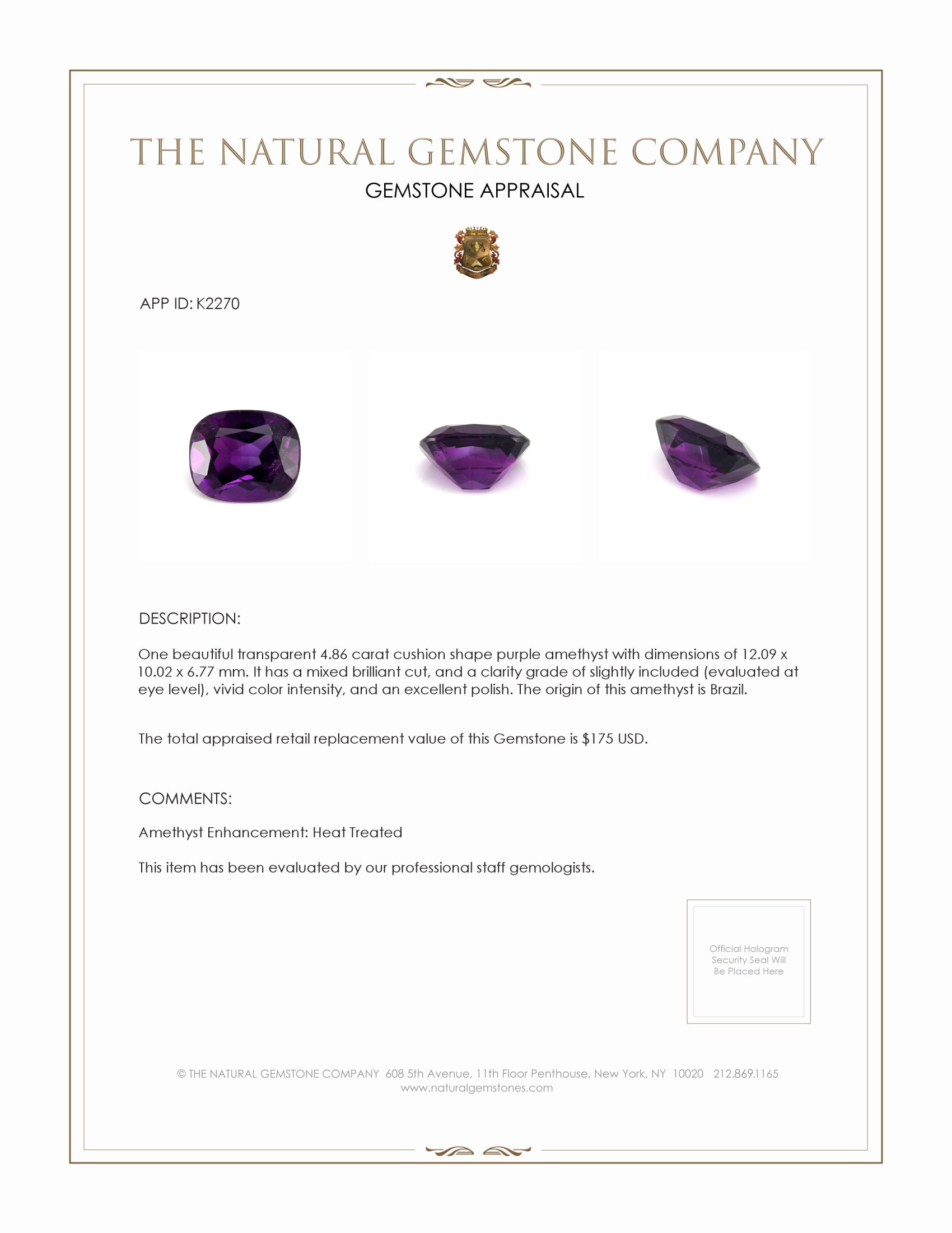 4.86 Ct. Amethyst from Brazil