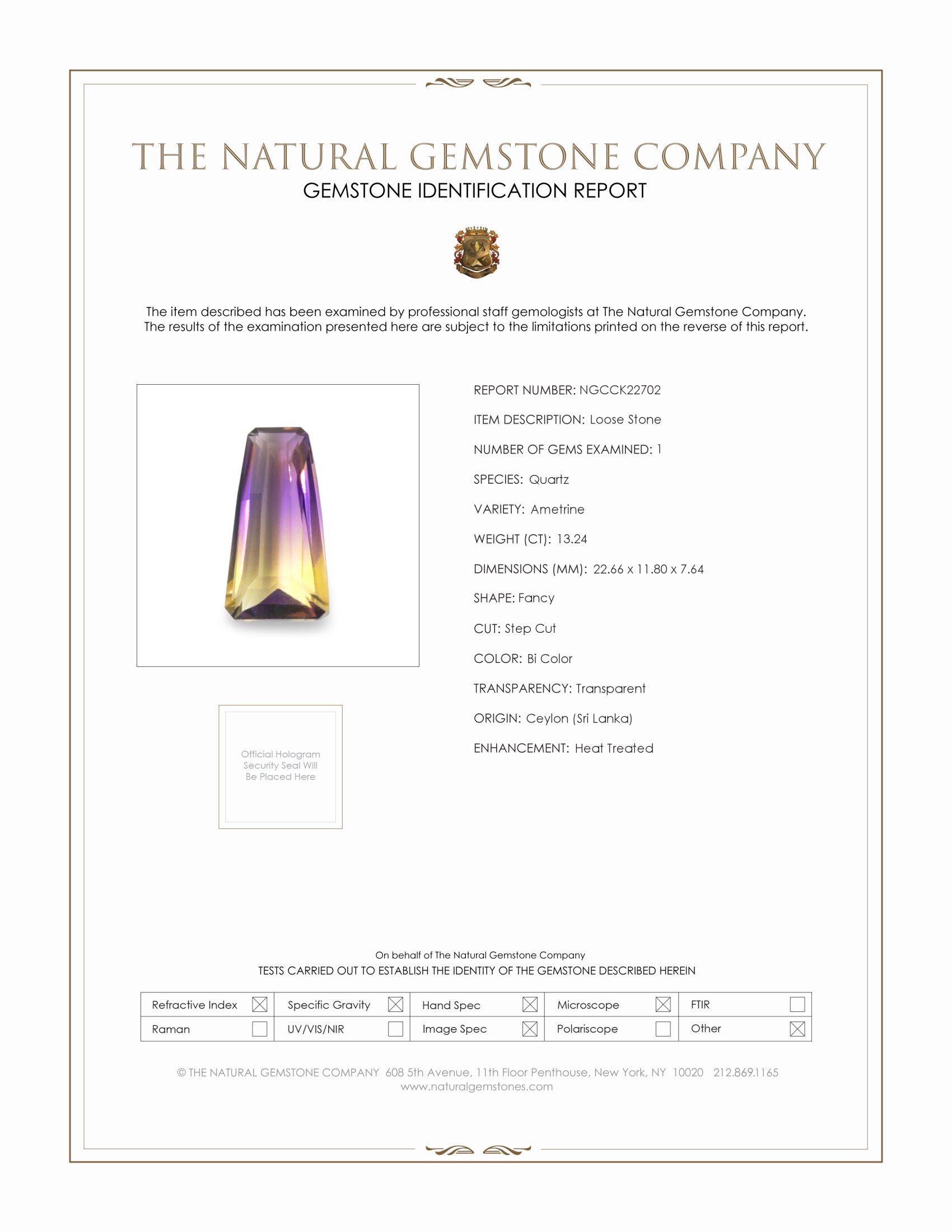 13.24 Ct. Bi Color Ametrine from Ceylon (Sri Lanka)