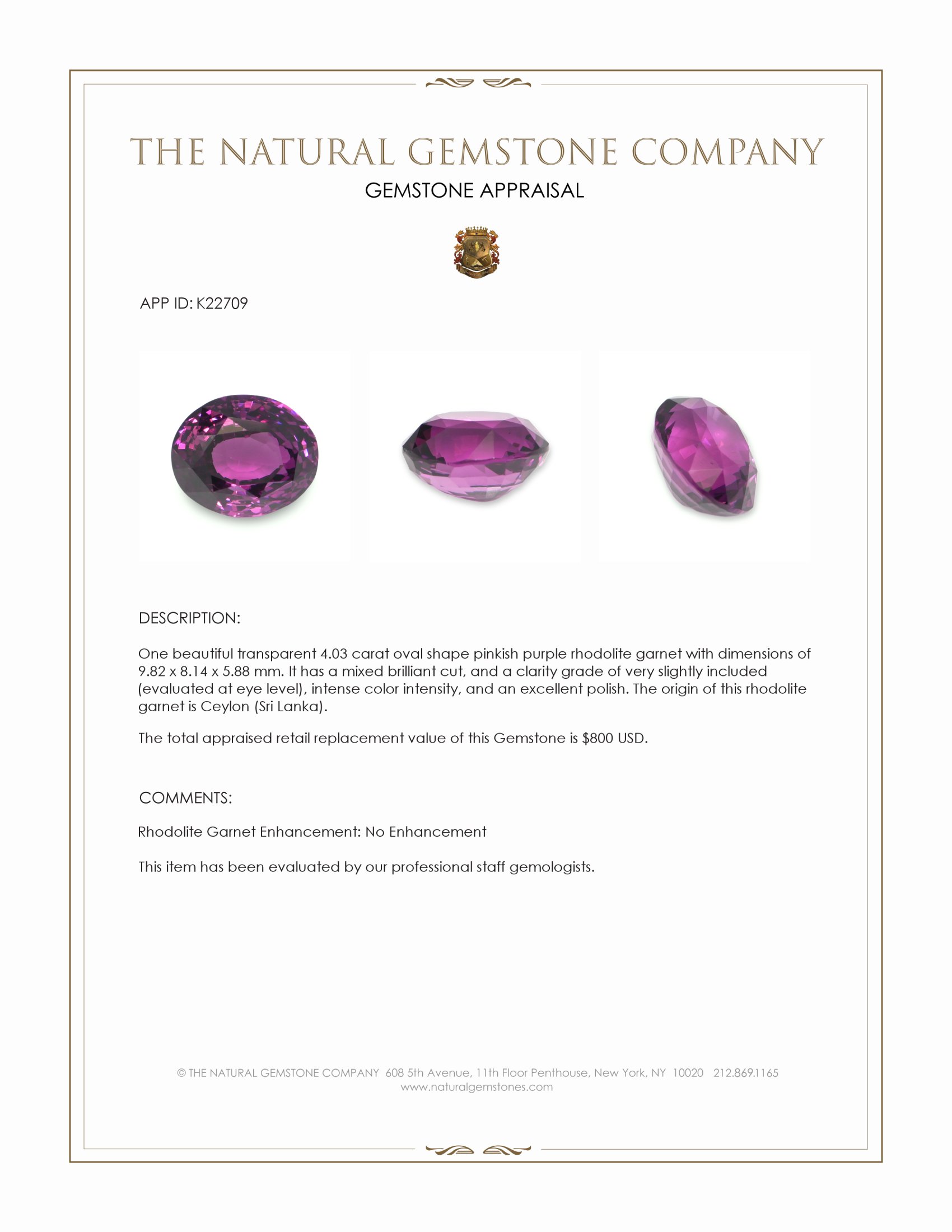 4.03 Ct. Pinkish Purple Rhodolite Garnet from Ceylon (Sri Lanka)
