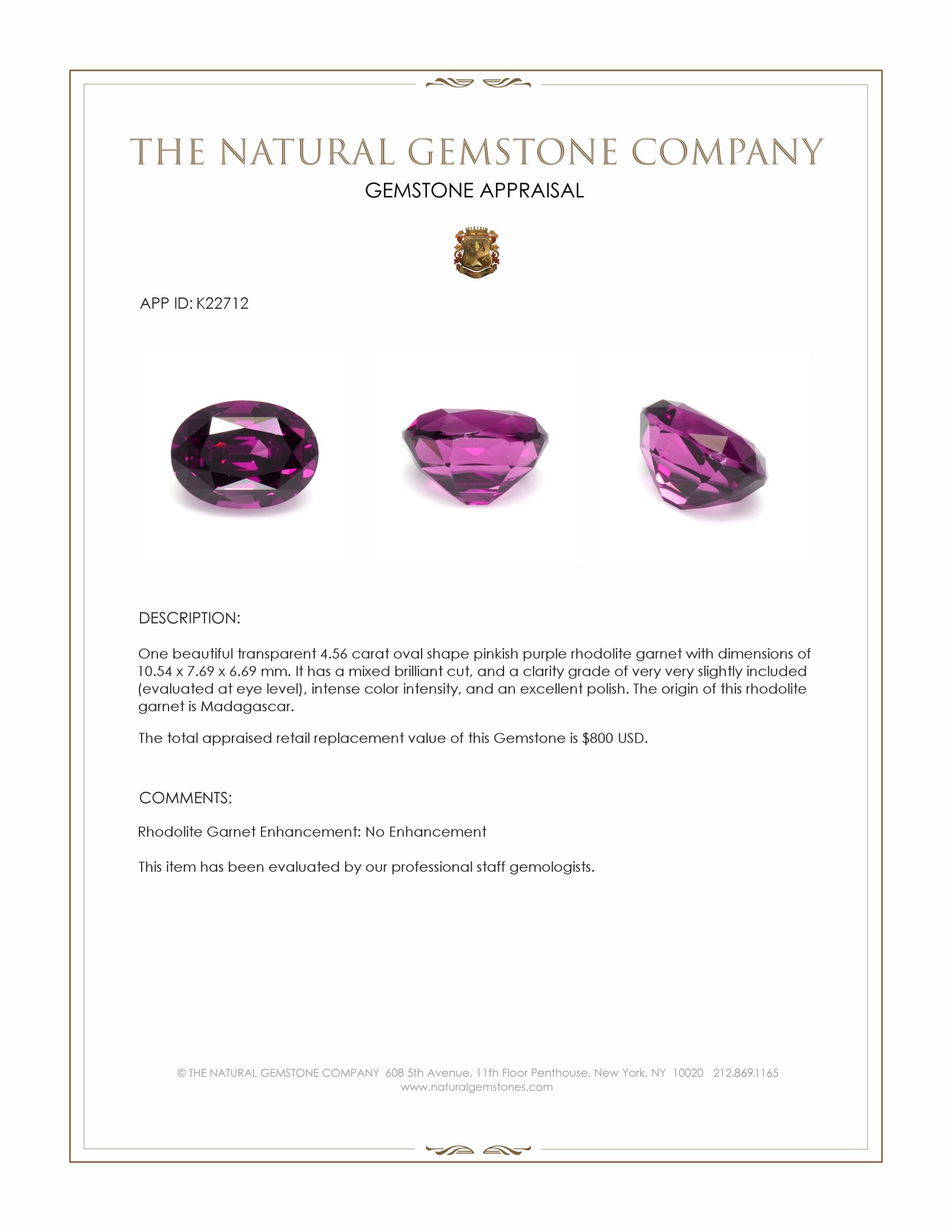 4.56 Ct. Pinkish Purple Rhodolite Garnet from Madagascar