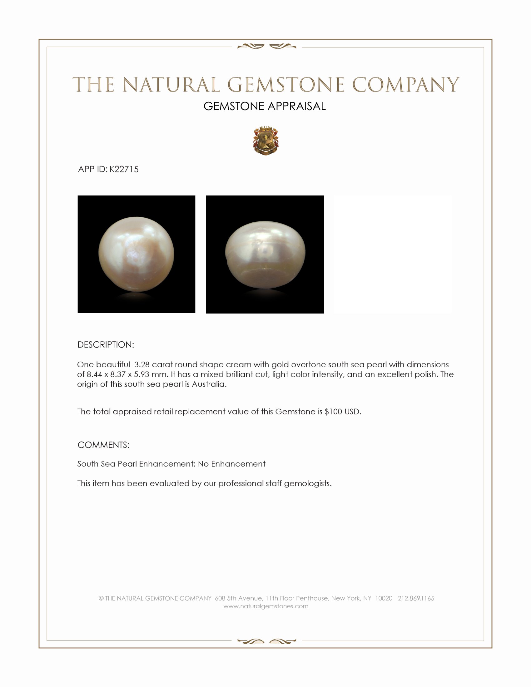 3.28 Ct. Cream with Gold Overtone South Sea Pearl from Australia