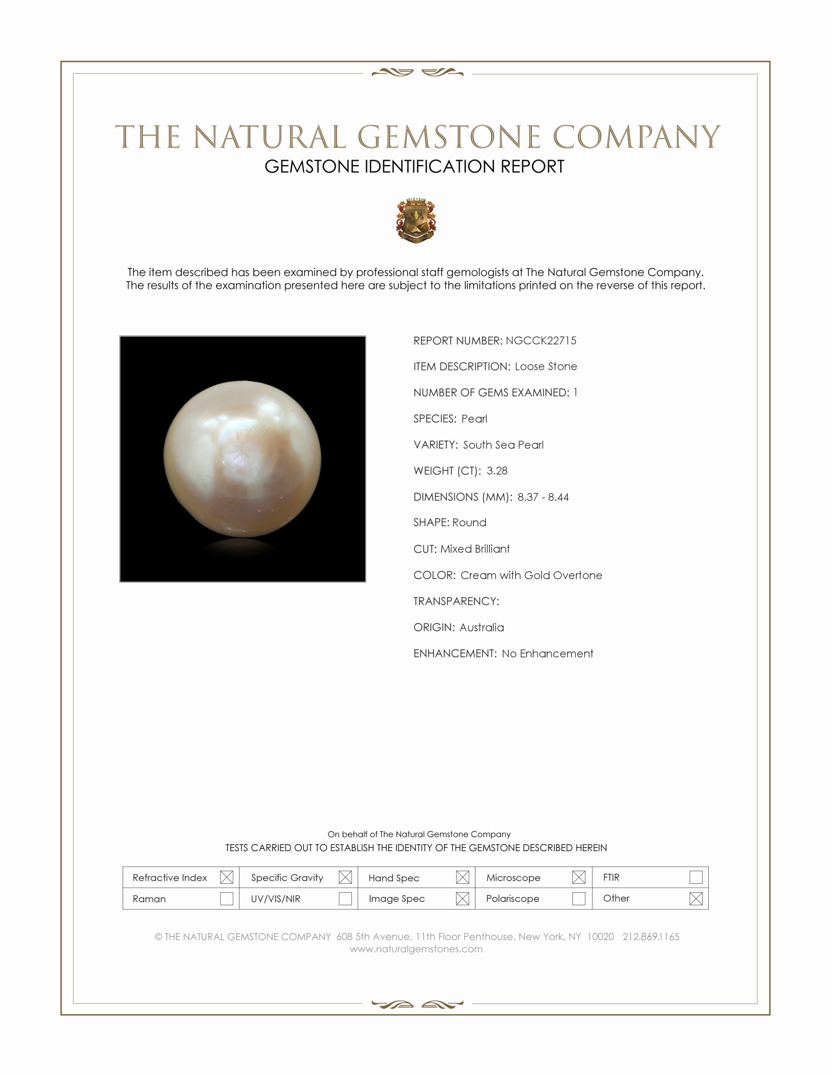 3.28 Ct. Cream with Gold Overtone South Sea Pearl from Australia