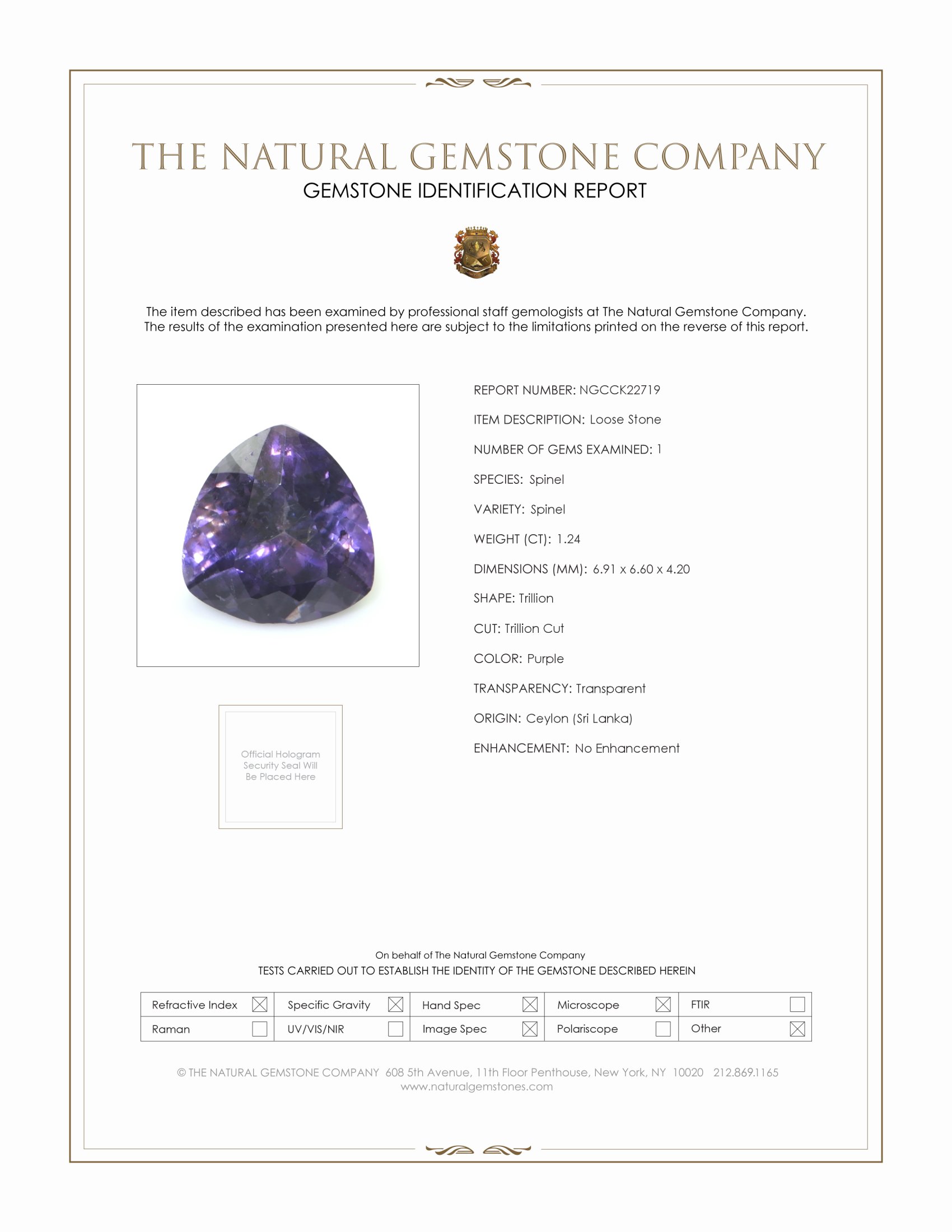 1.24 Ct. Purple Spinel from Ceylon (Sri Lanka)