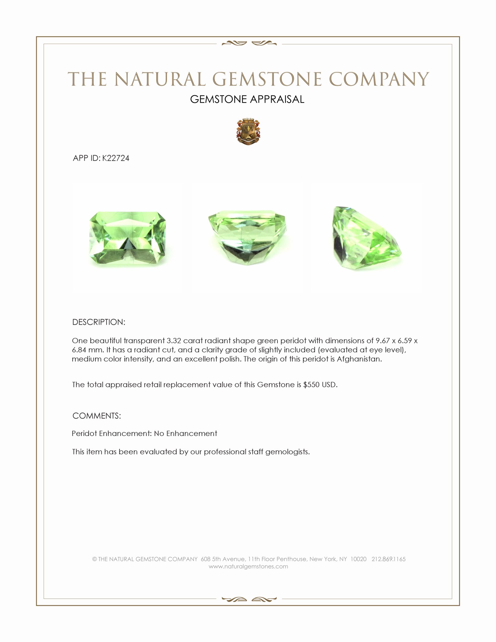 3.32 Ct. Green (Lime Green) Peridot from Afghanistan