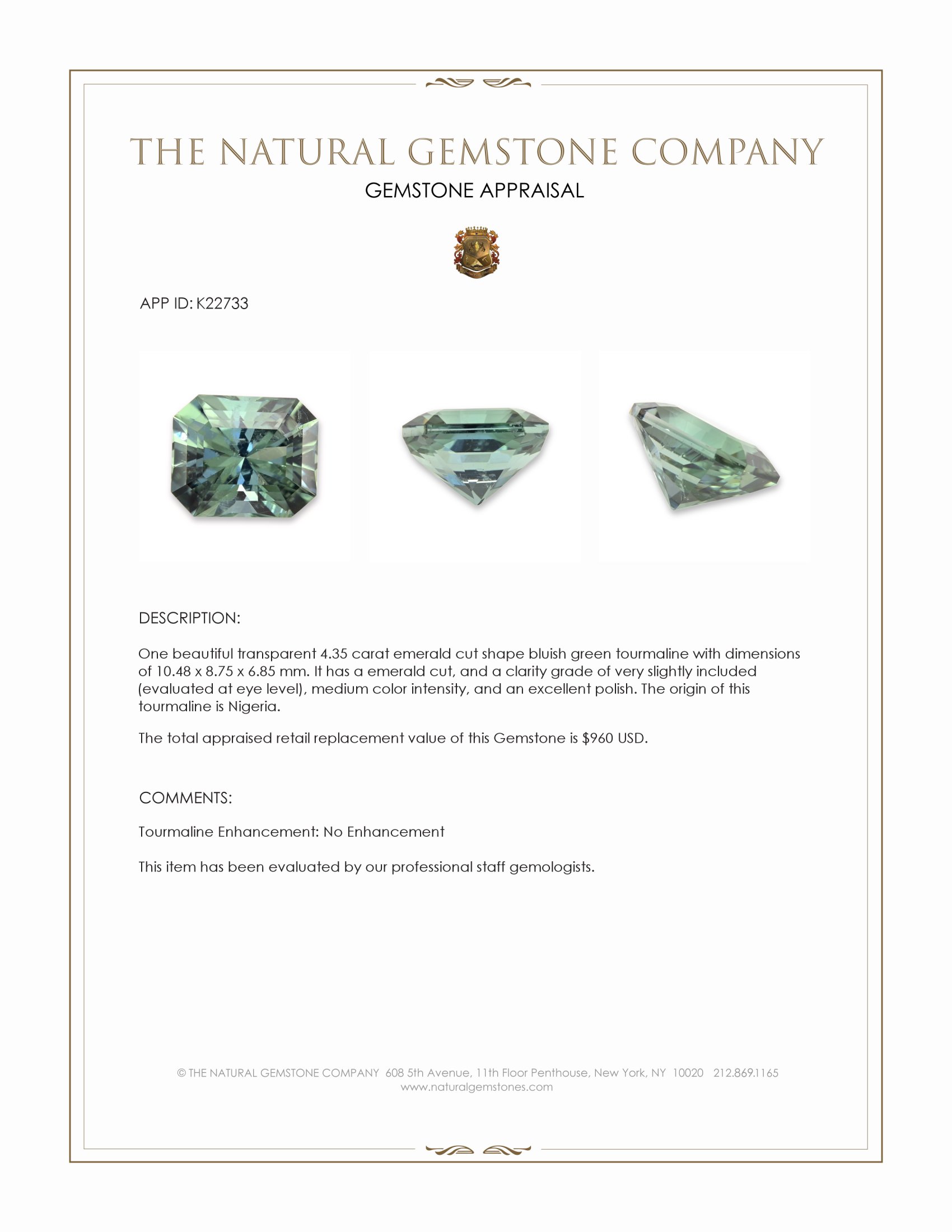 4.35 Ct. Bluish Green Tourmaline from Nigeria