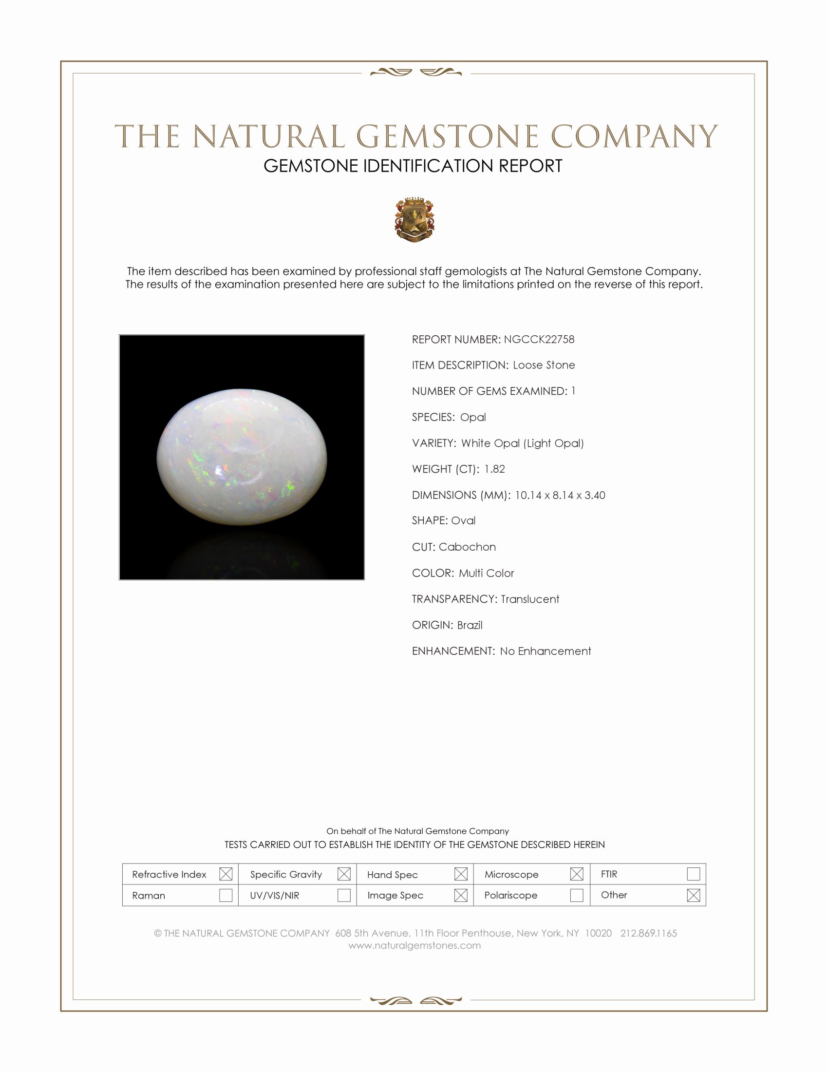 1.82 Ct. Multi Color Cabochon White Opal (Light Opal) from Brazil