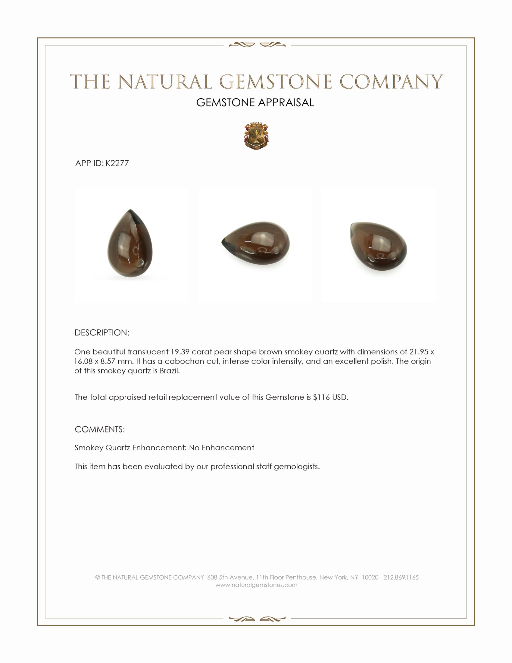 19.39 Ct. Cabochon Smokey Quartz from Brazil