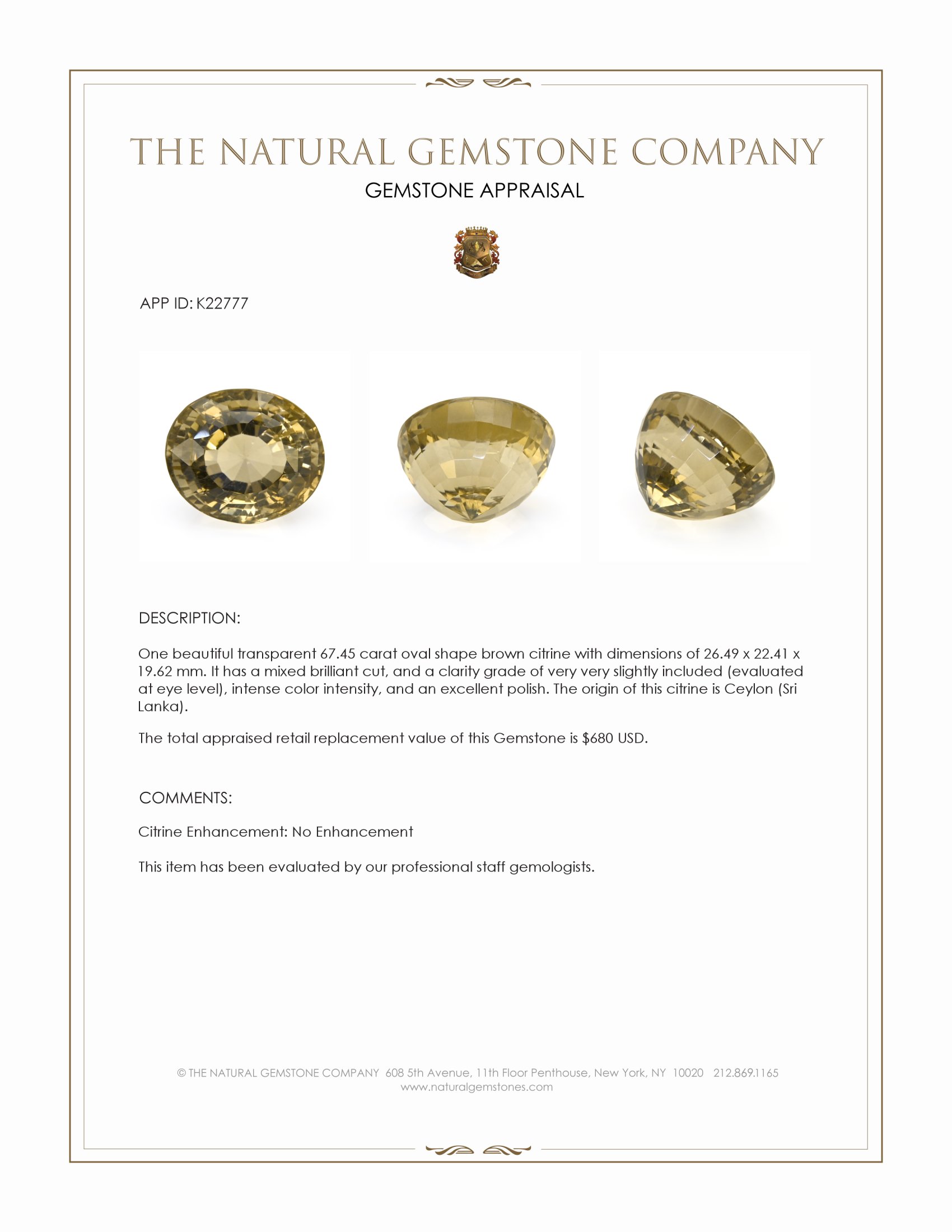 67.45 Ct. Yellowish Brown Citrine from Ceylon (Sri Lanka)