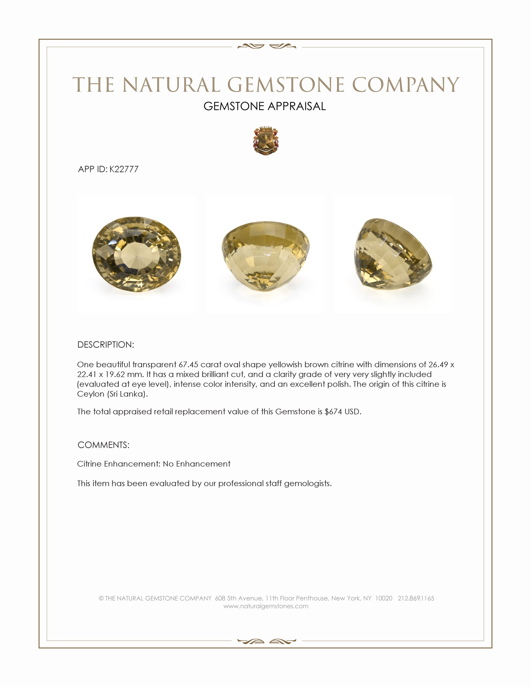 67.45 Ct. Yellowish Brown Citrine from Ceylon (Sri Lanka)