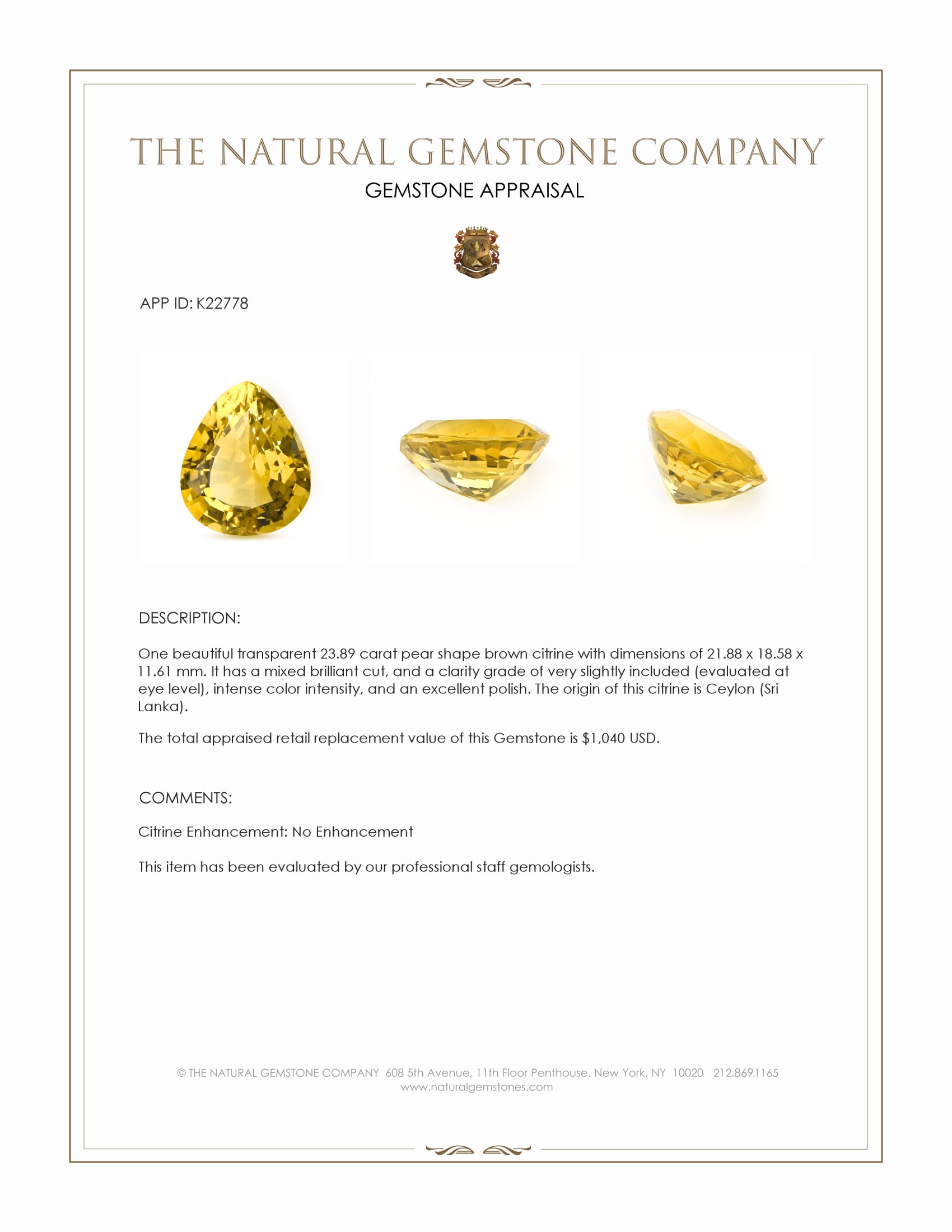 23.89 Ct. Yellowish Brown Citrine from Ceylon (Sri Lanka)