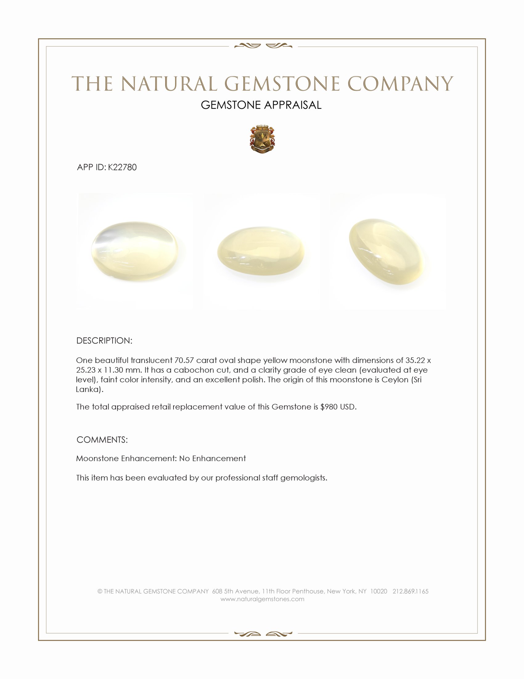 70.57 Ct. Yellow Cabochon Moonstone from Ceylon (Sri Lanka)