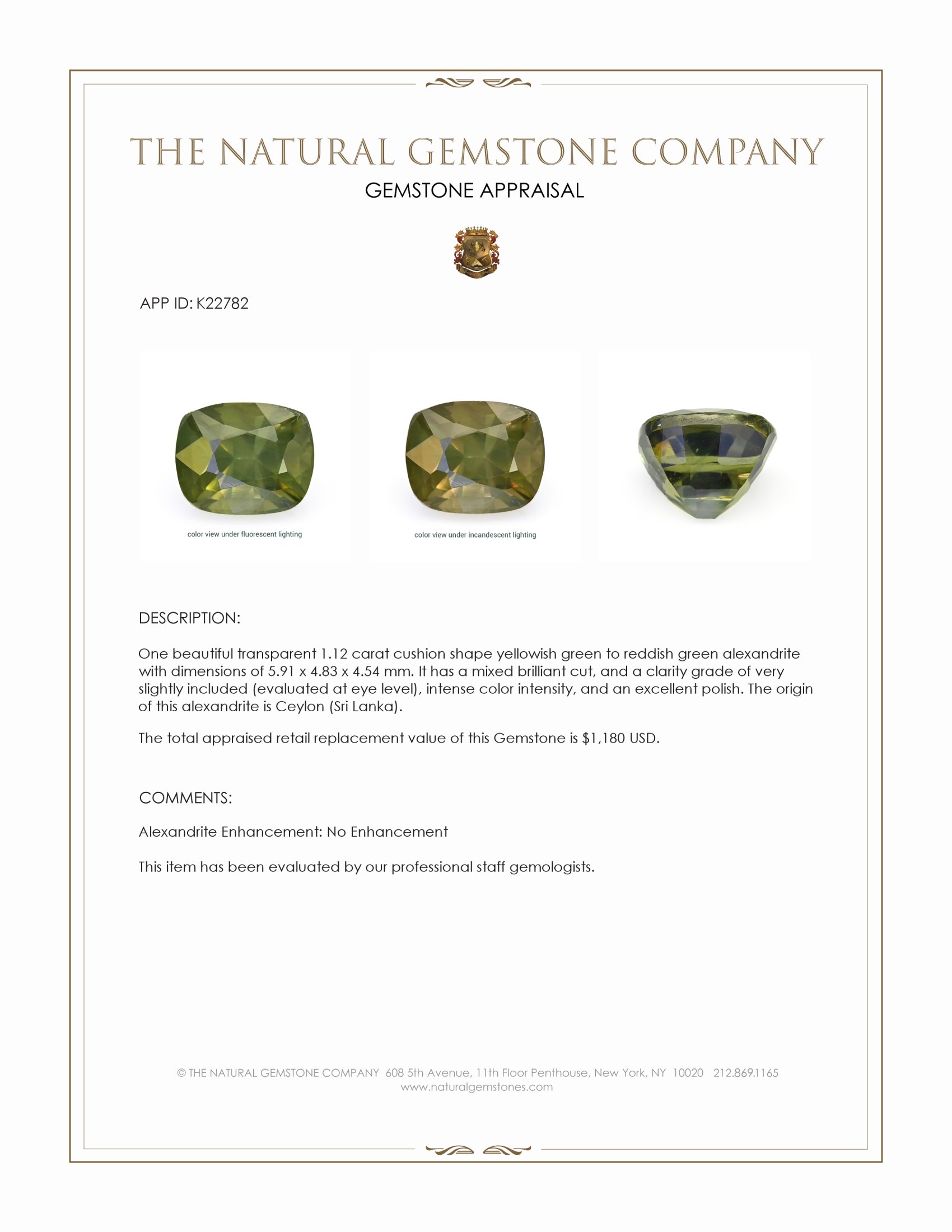 1.12 Ct. Alexandrite from Ceylon (Sri Lanka)