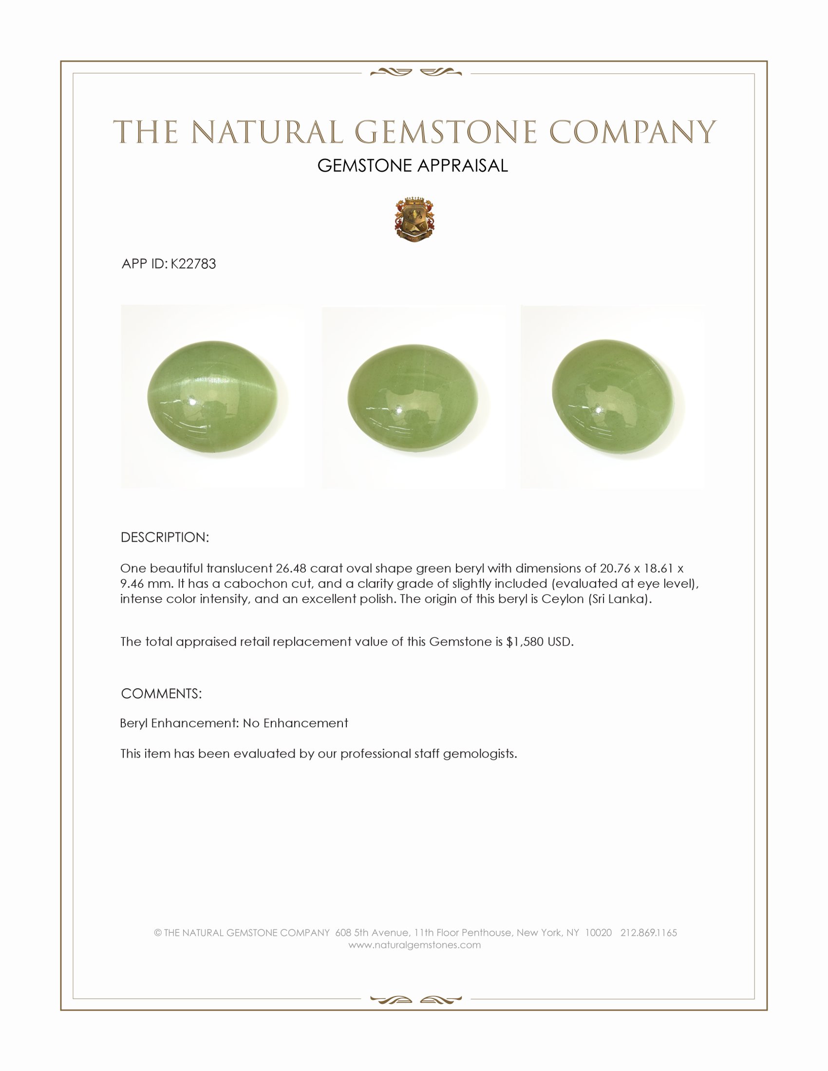 26.48 Ct. Green Cabochon Beryl from Ceylon (Sri Lanka)