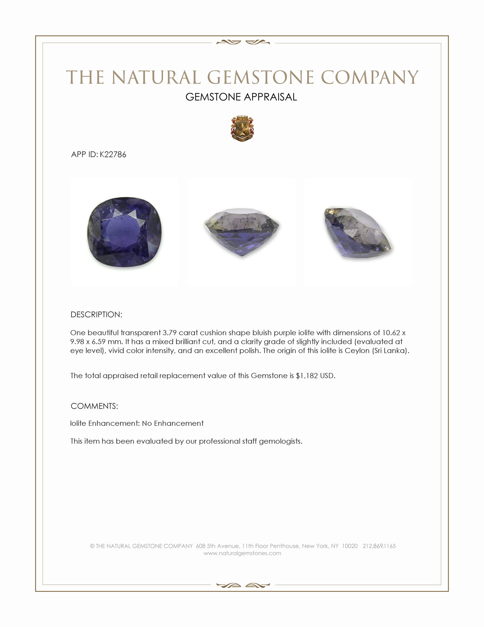 3.79 Ct. Bluish Purple Iolite from Ceylon (Sri Lanka)