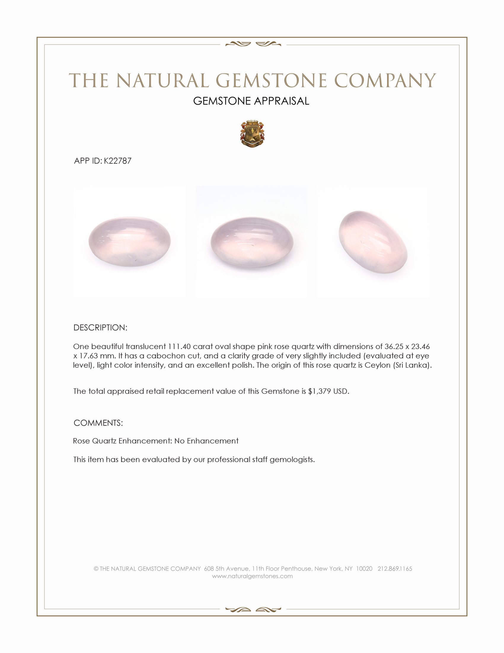 111.40 Ct. Pink Cabochon Rose Quartz from Ceylon (Sri Lanka)