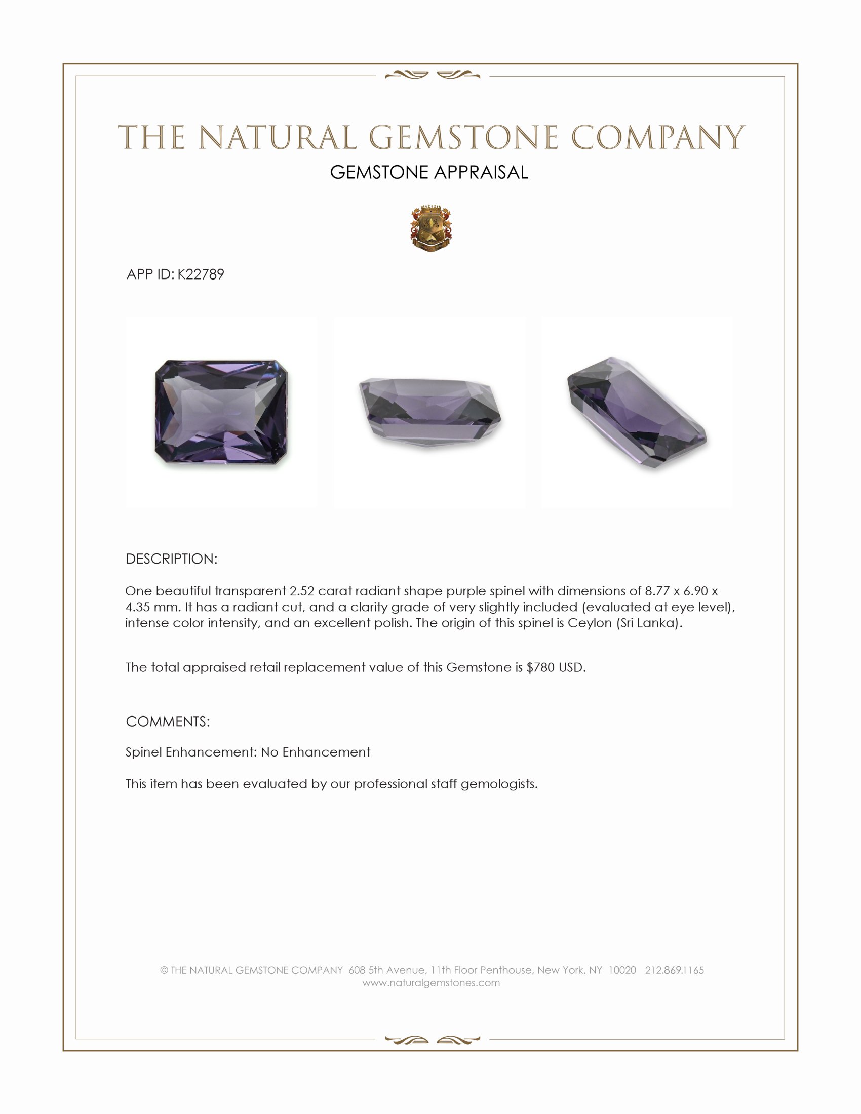 2.52 Ct. Purple Spinel from Ceylon (Sri Lanka)