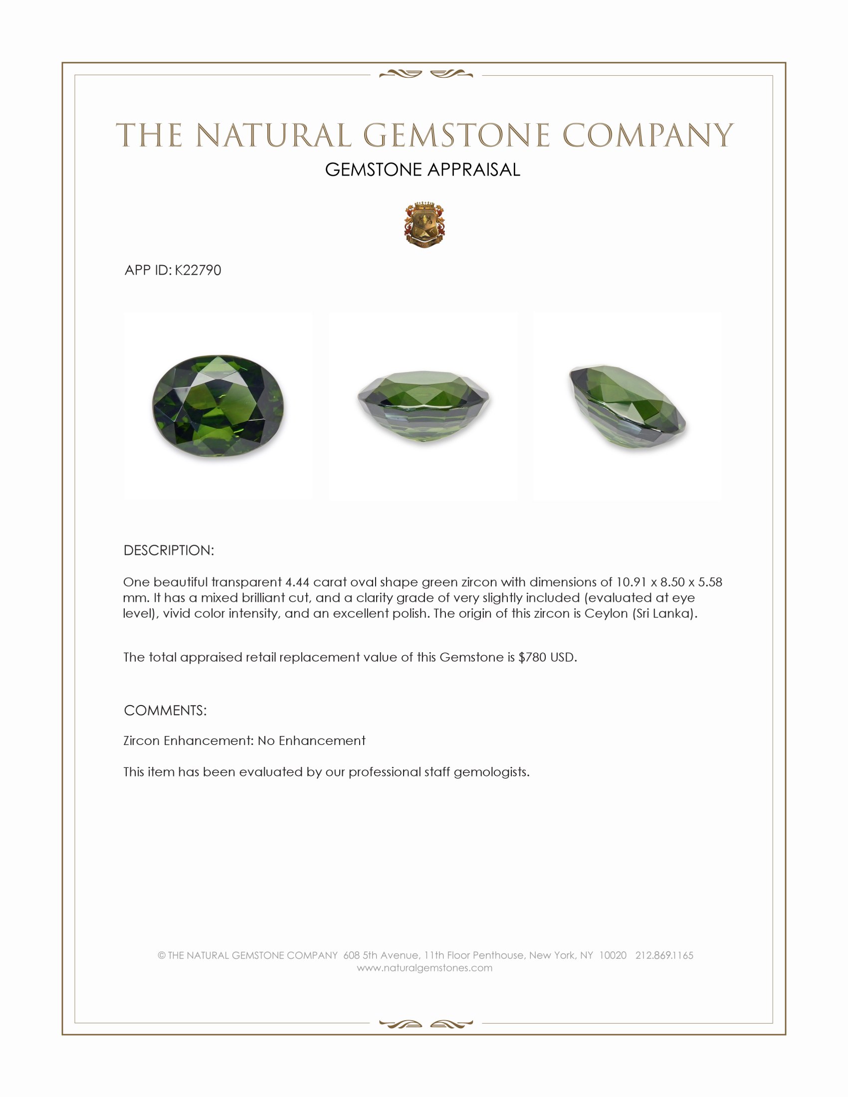 4.44 Ct. Green Zircon from Ceylon (Sri Lanka)