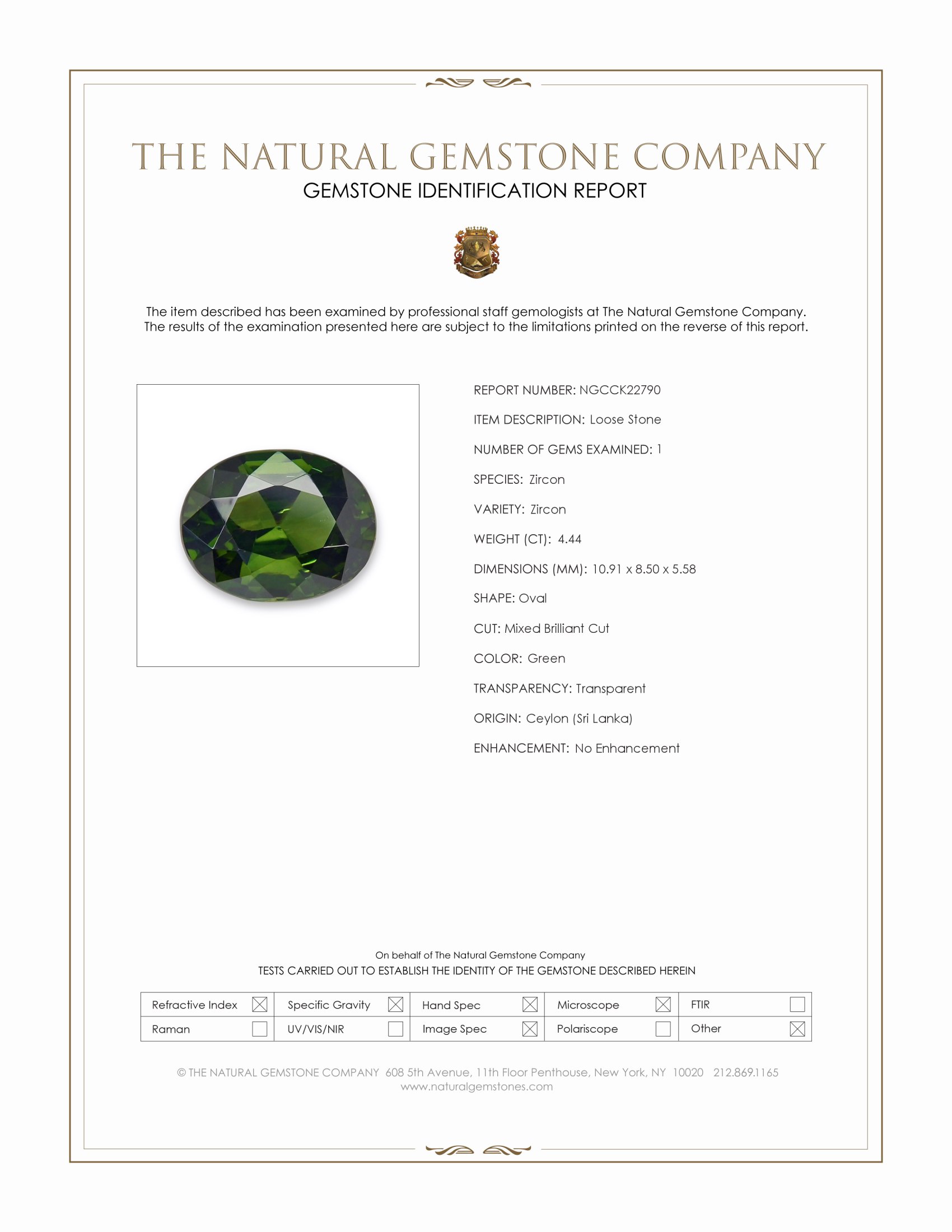 4.44 Ct. Green Zircon from Ceylon (Sri Lanka)