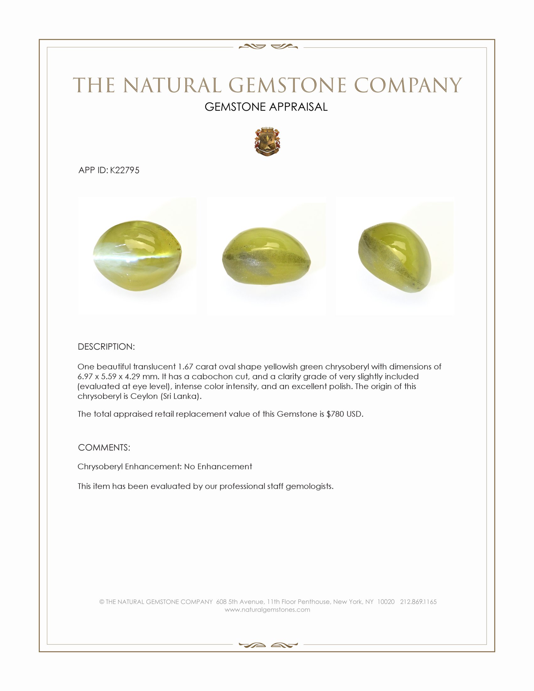 1.67 Ct. Yellowish Green Cabochon Chrysoberyl from Ceylon (Sri Lanka)