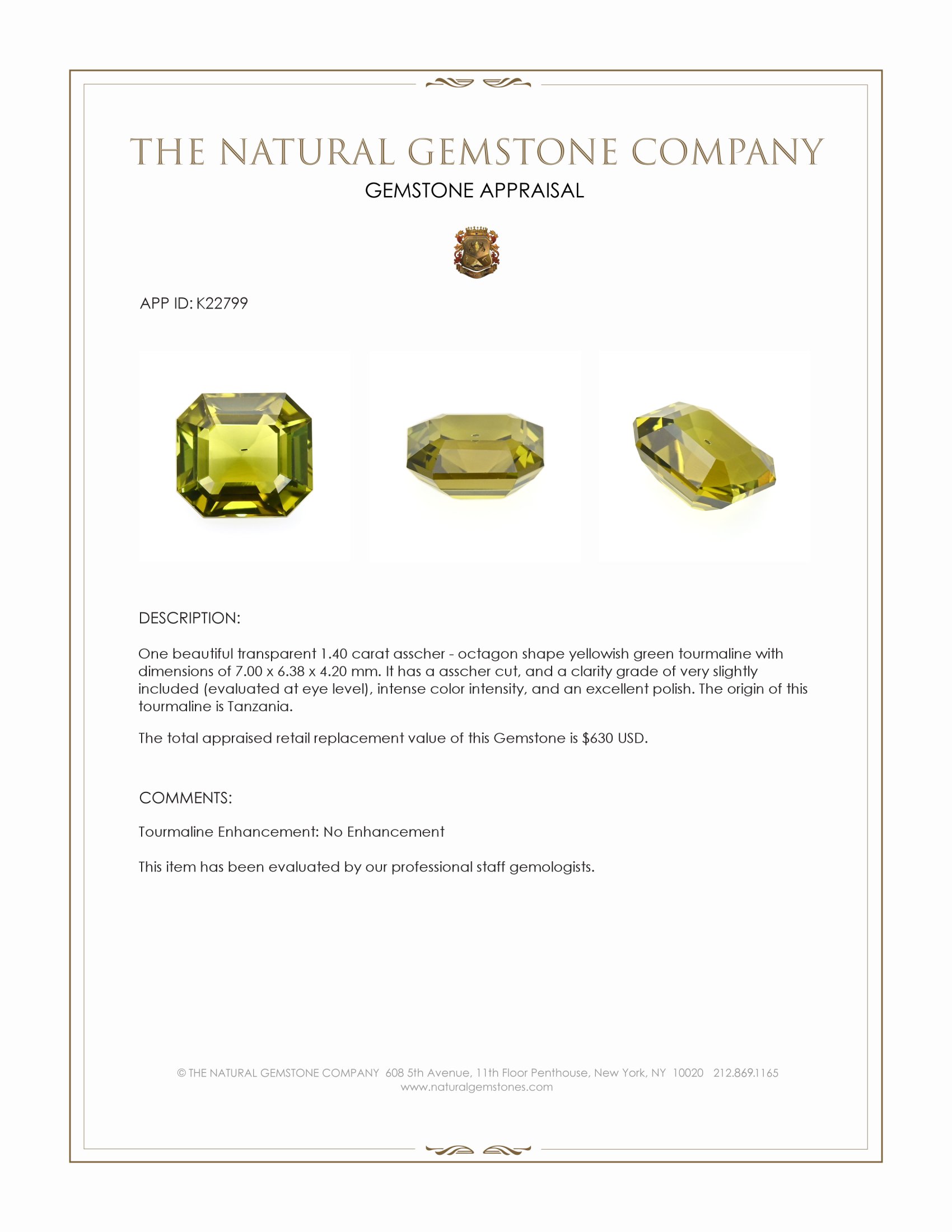 1.40 Ct. Yellowish Green Tourmaline from Tanzania