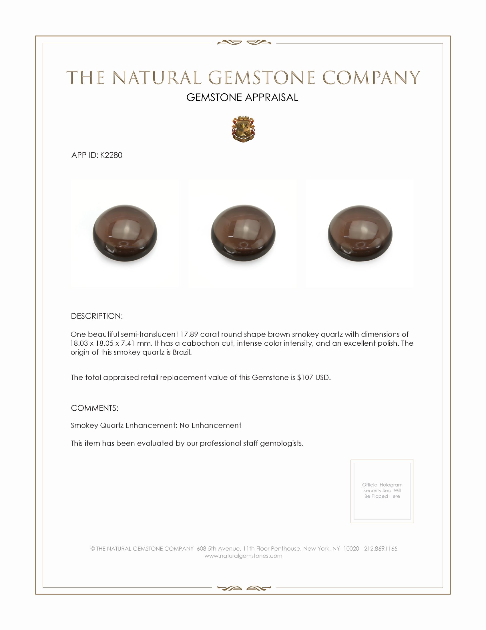 17.89 Ct. Brown Cabochon Smokey Quartz from Brazil