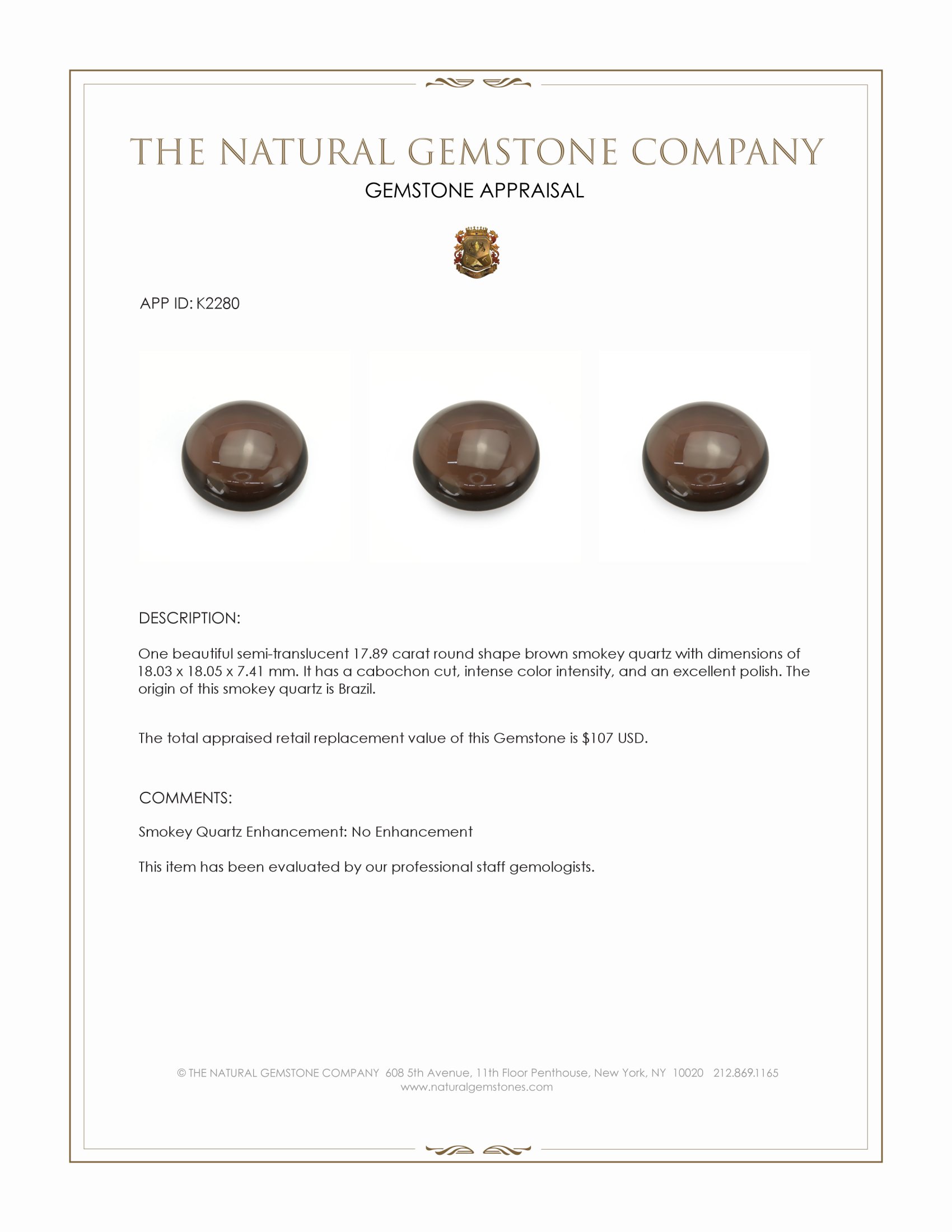 17.89 Ct. Brown Cabochon Smokey Quartz from Brazil