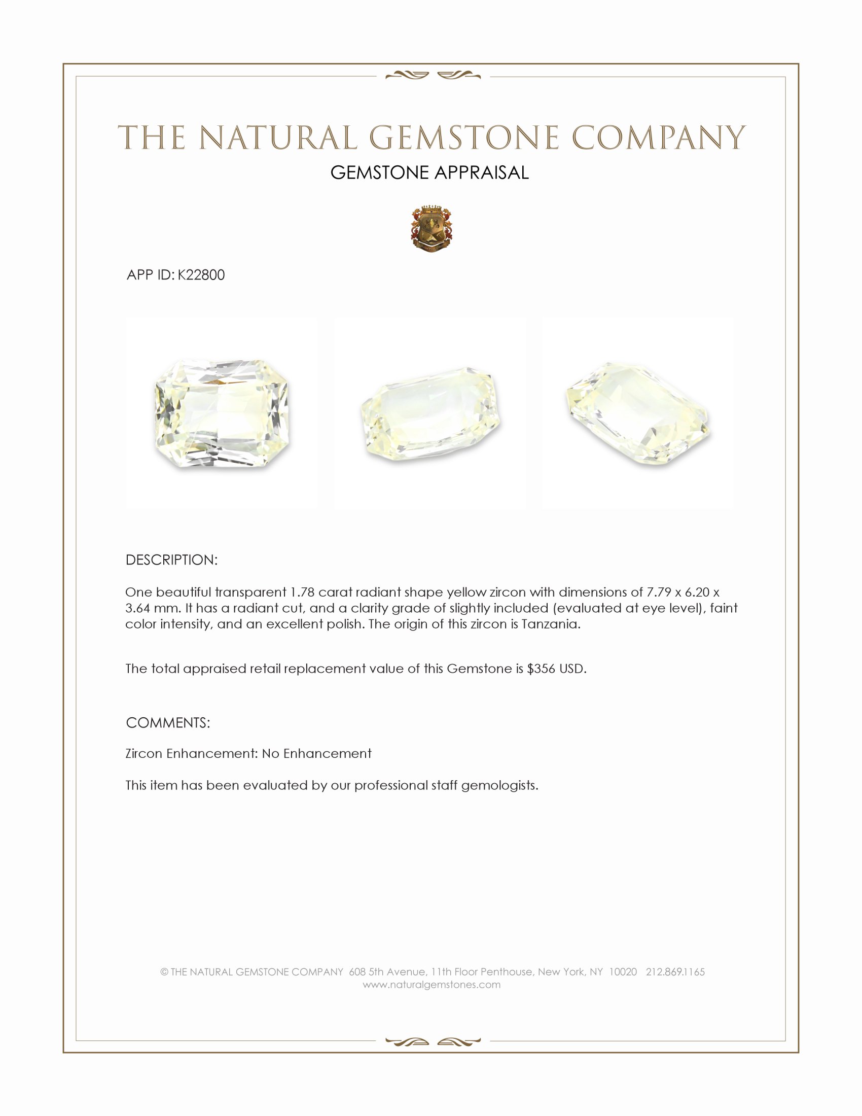 1.78 Ct. Yellow Zircon from Tanzania
