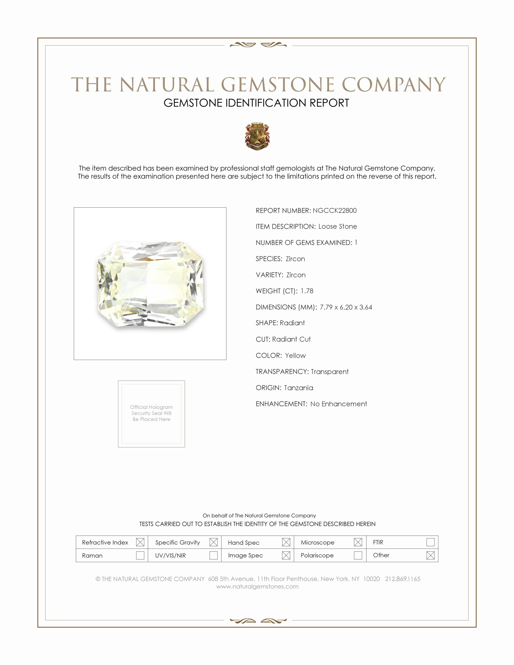 1.78 Ct. Yellow Zircon from Tanzania