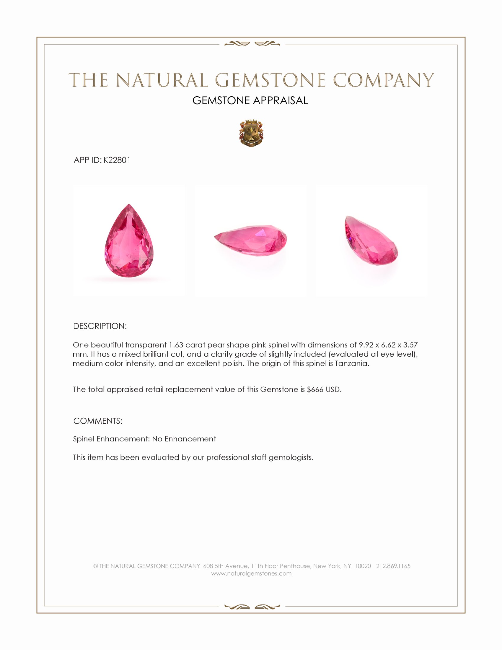1.63 Ct. Pink Spinel from Tanzania