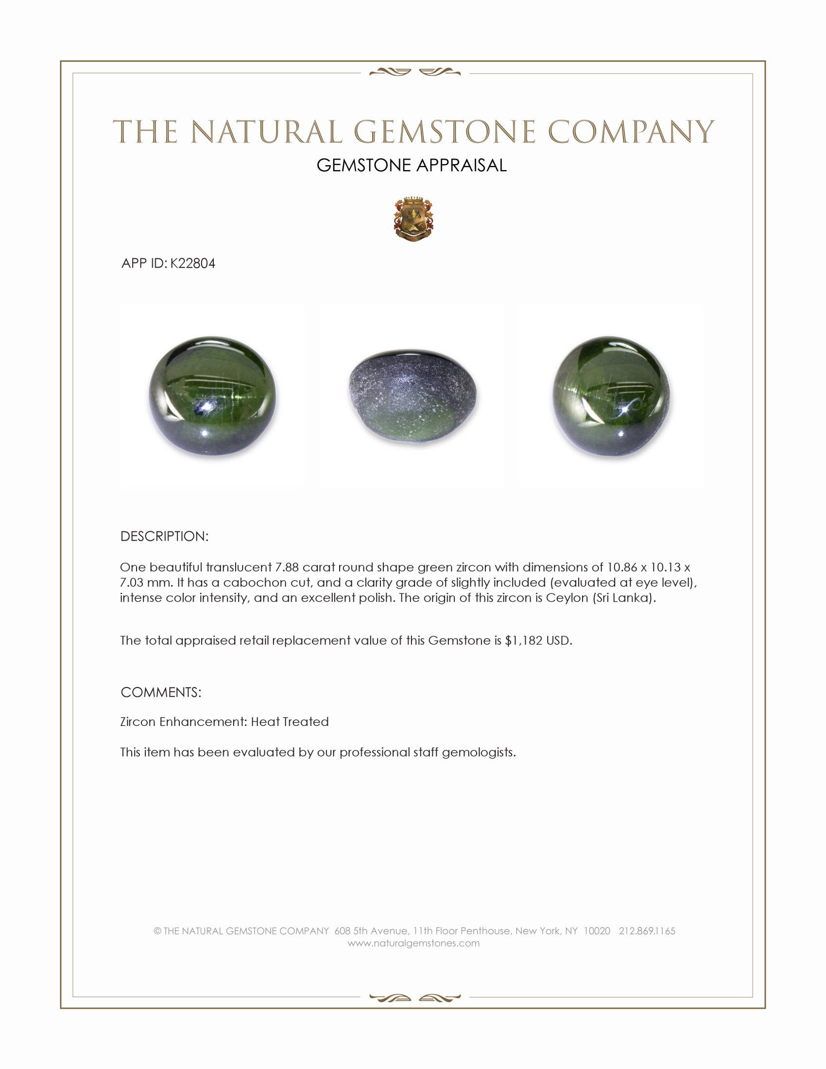 7.88 Ct. Green Cabochon Zircon from Ceylon (Sri Lanka)