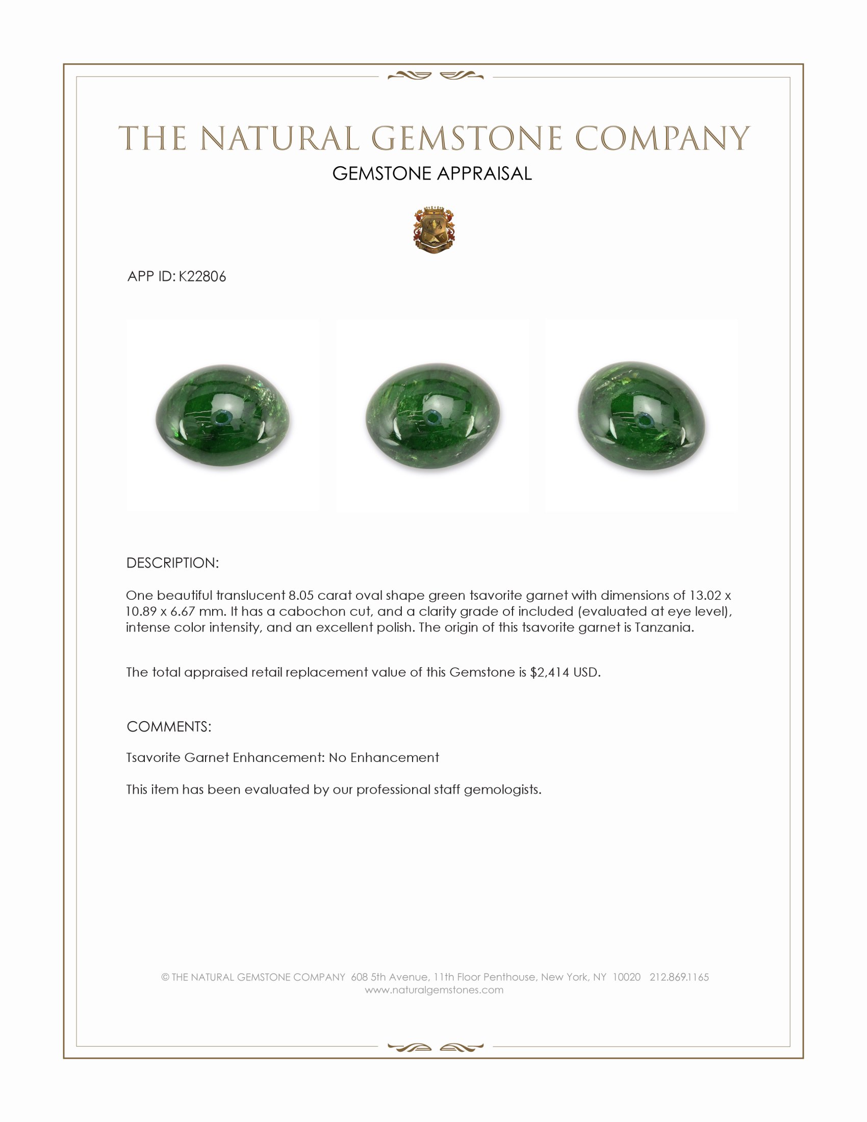 8.05 Ct. Cabochon Tsavorite Garnet from Tanzania