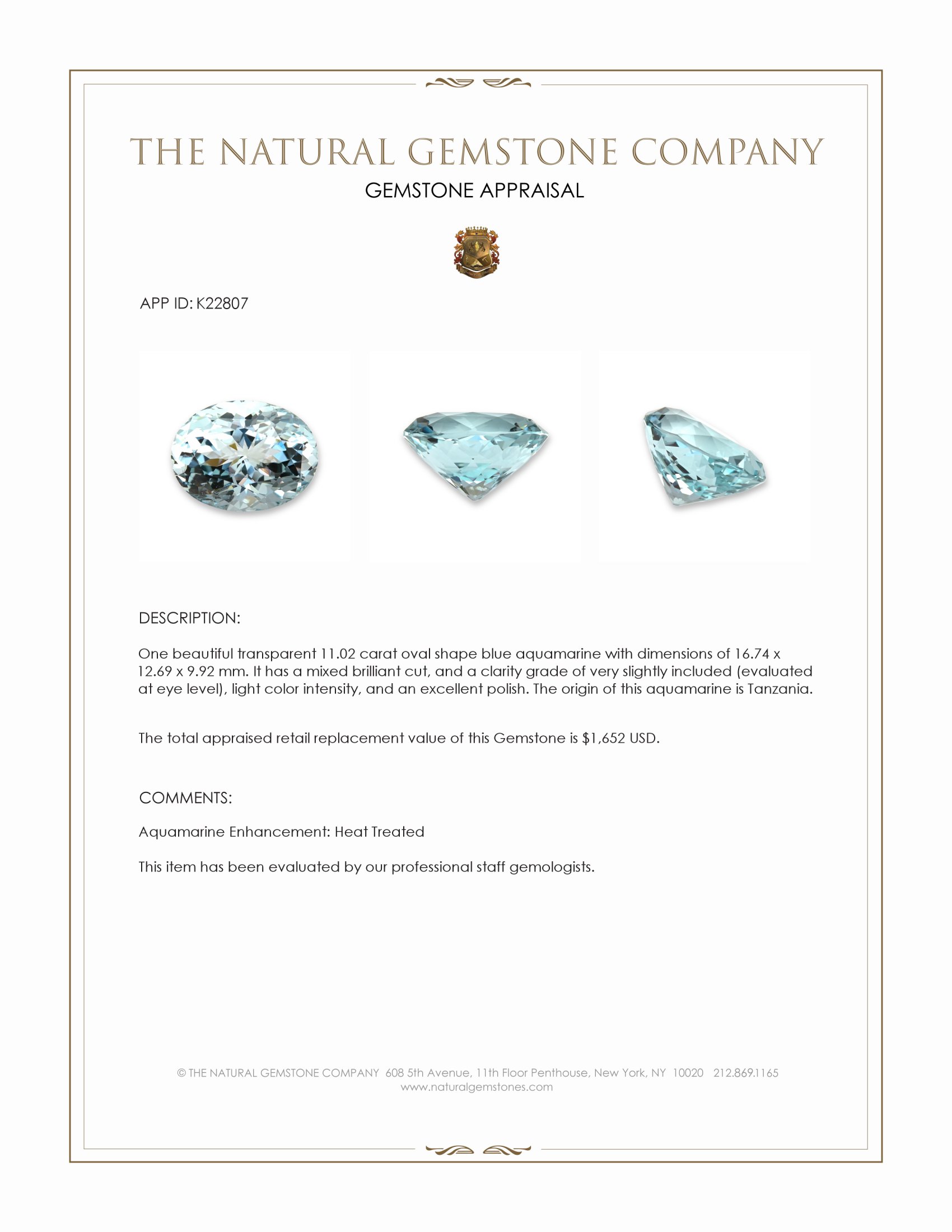 11.02 Ct. Aquamarine from Tanzania