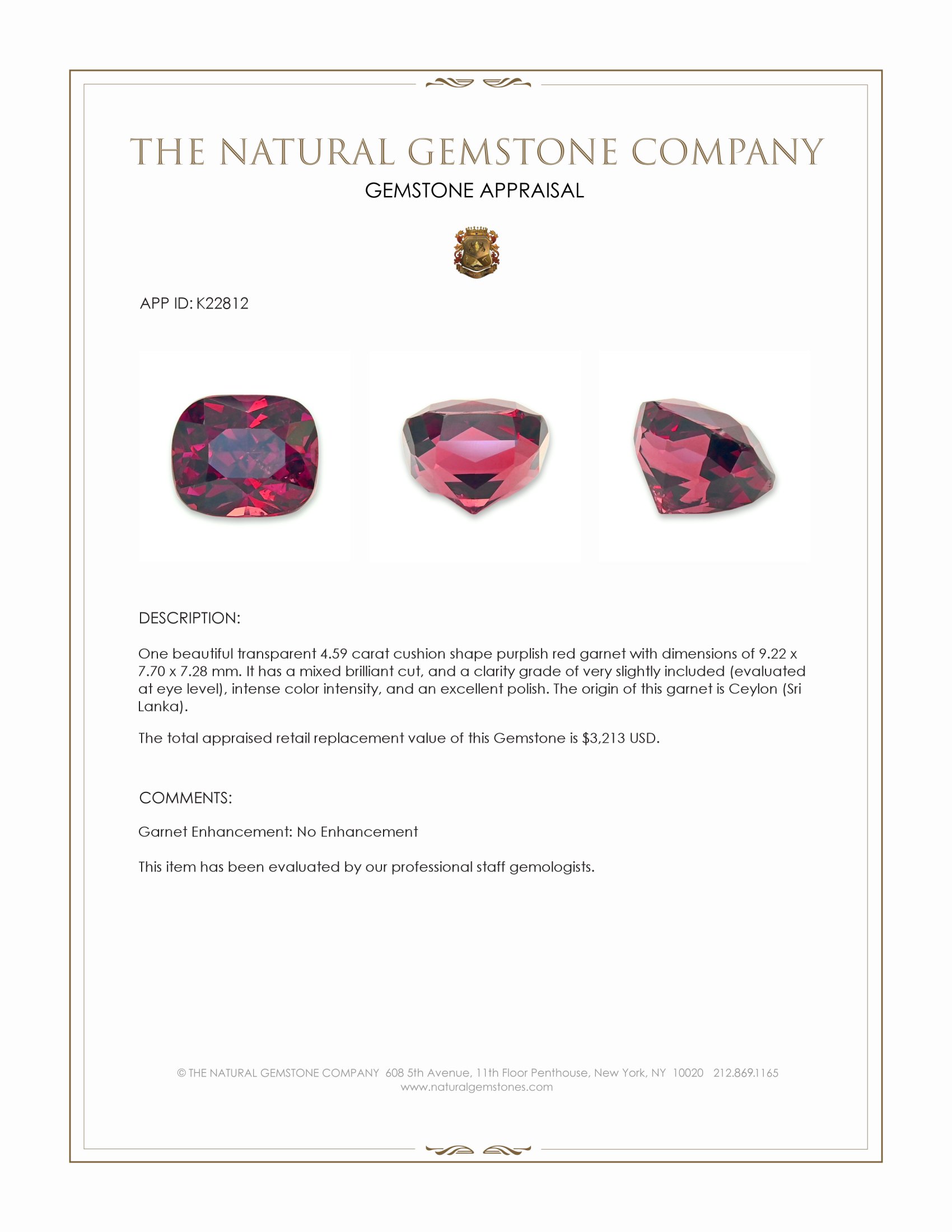 4.59 Ct. Pinkish Red Garnet from Ceylon (Sri Lanka)