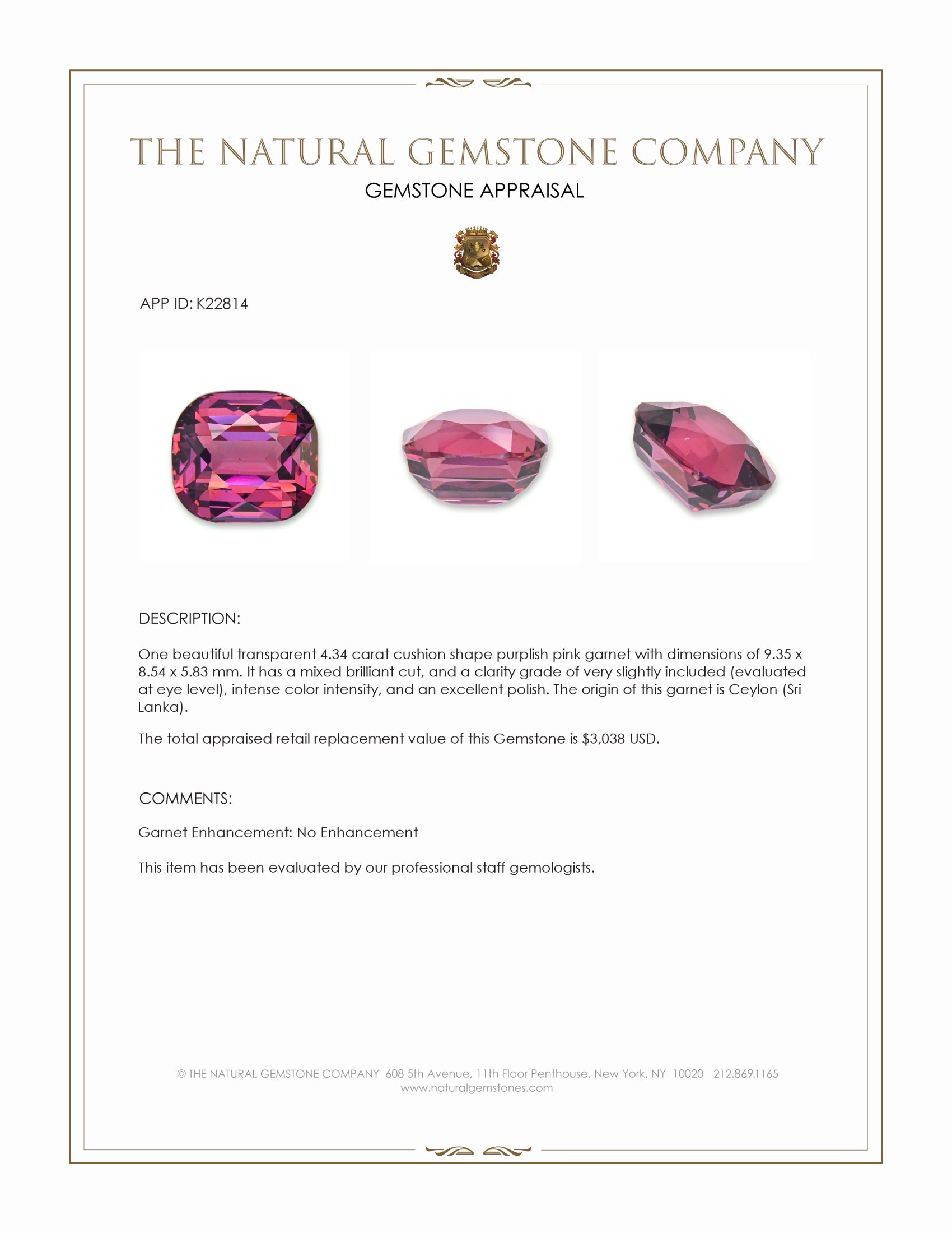 4.34 Ct. Purplish Pink Garnet from Ceylon (Sri Lanka)