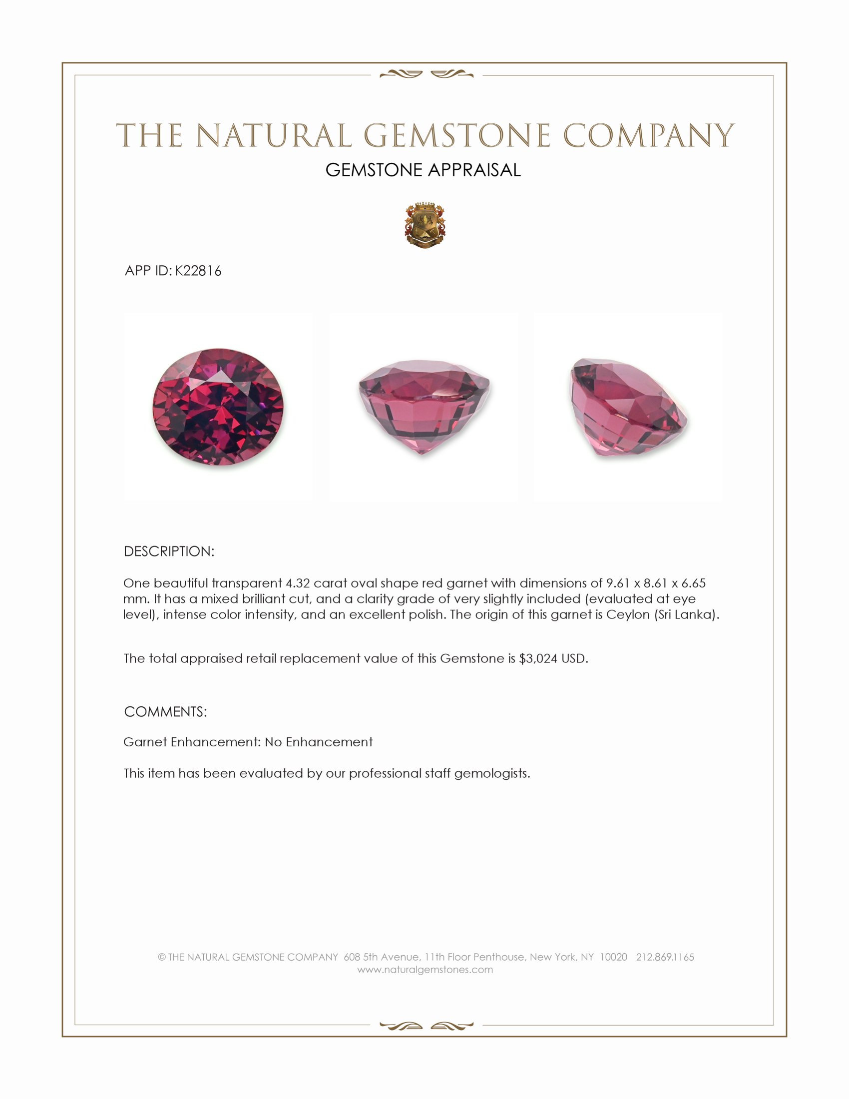4.32 Ct. Red Garnet from Ceylon (Sri Lanka)
