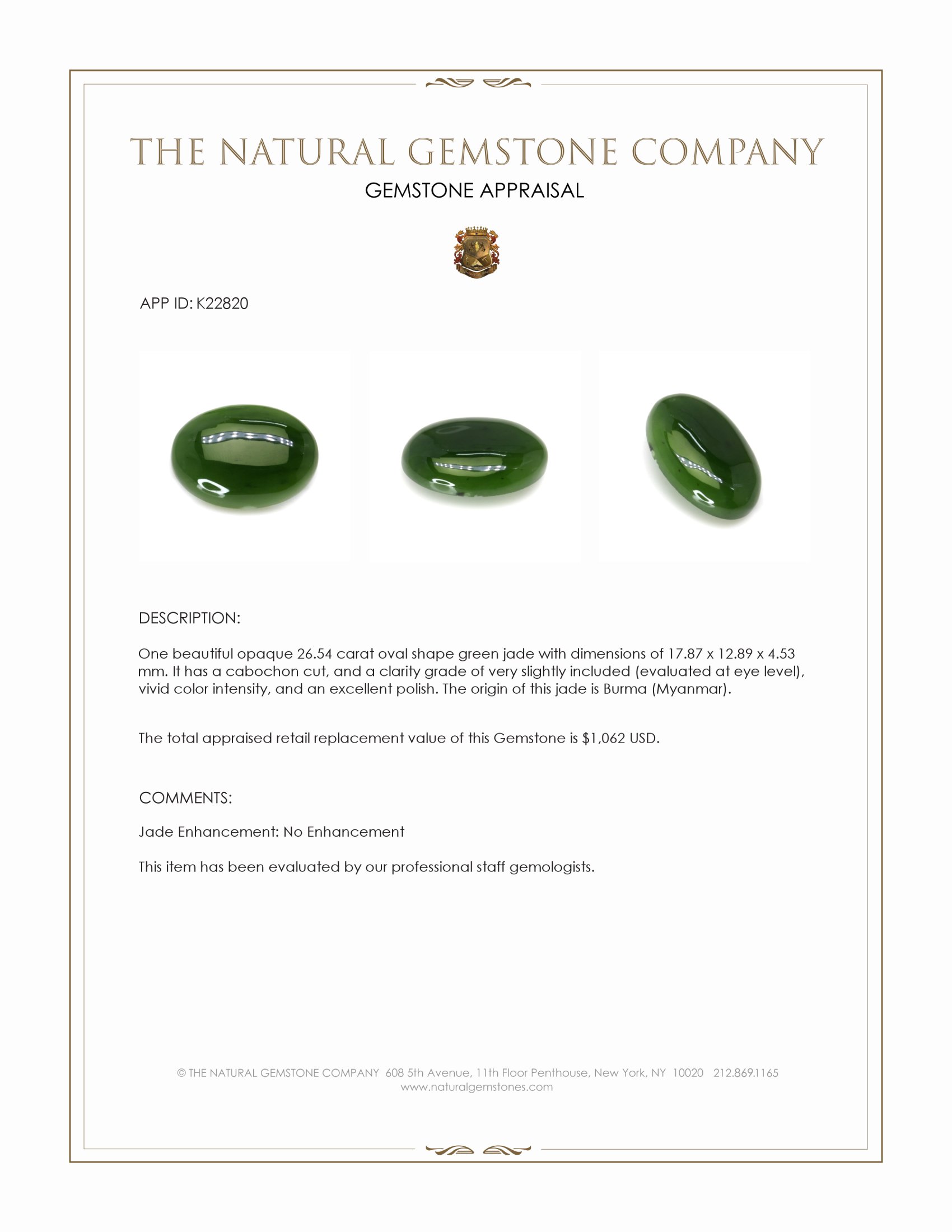 26.54 Ct. Green Cabochon Jade from Burma (Myanmar)