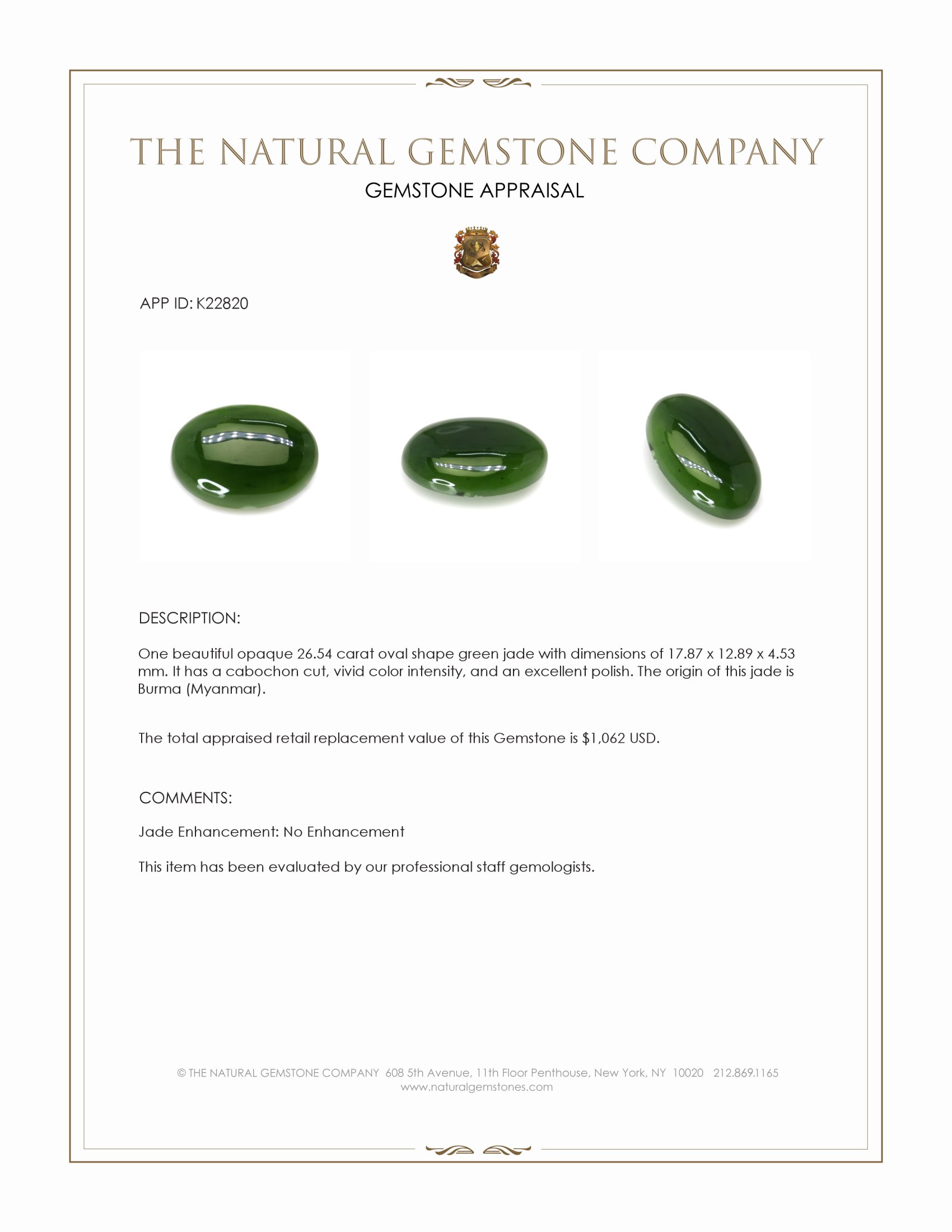26.54 Ct. Green Cabochon Jade from Burma (Myanmar)