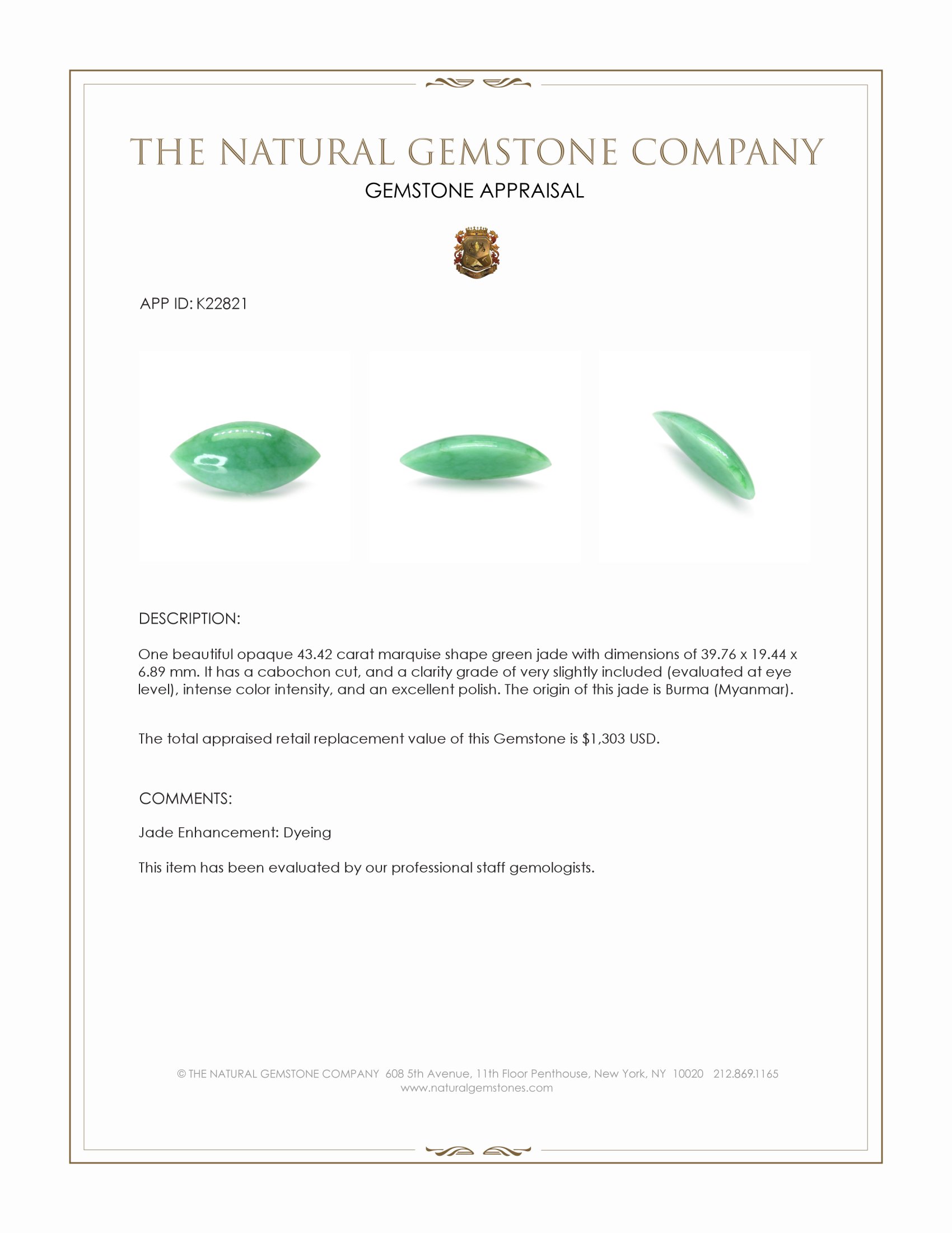 43.42 Ct. Green Cabochon Jade from Burma (Myanmar)