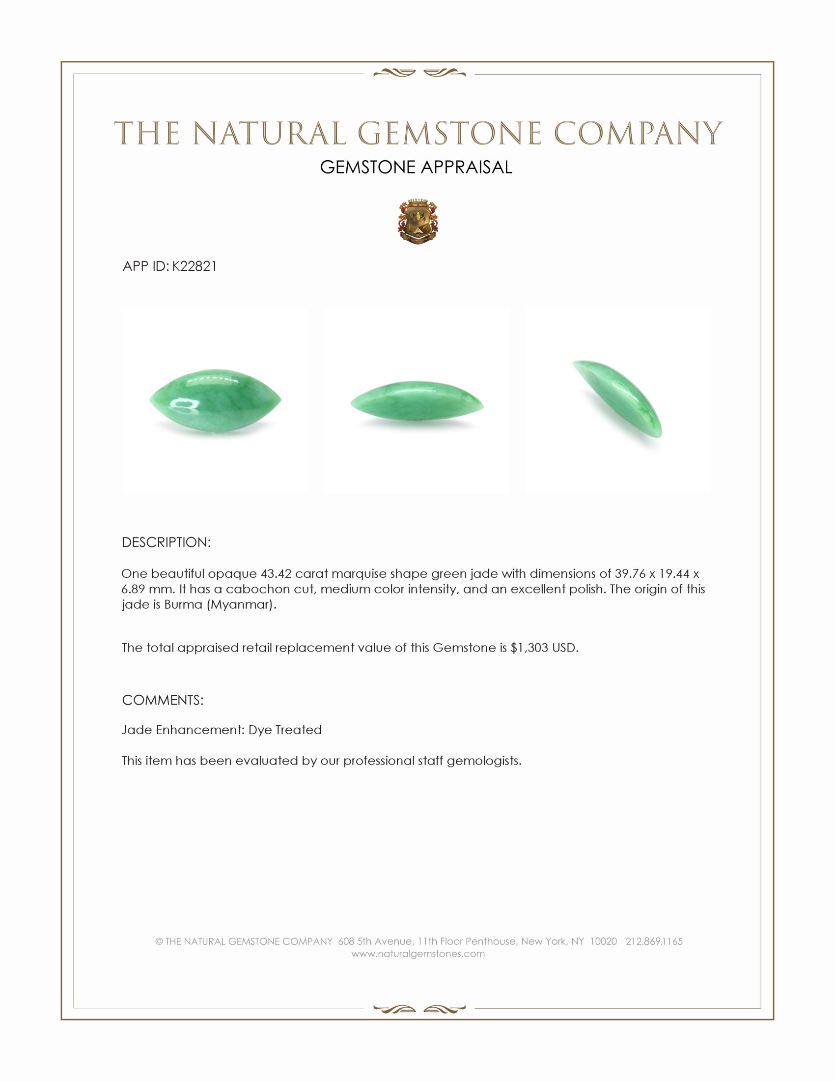 43.42 Ct. Green Cabochon Jade from Burma (Myanmar)