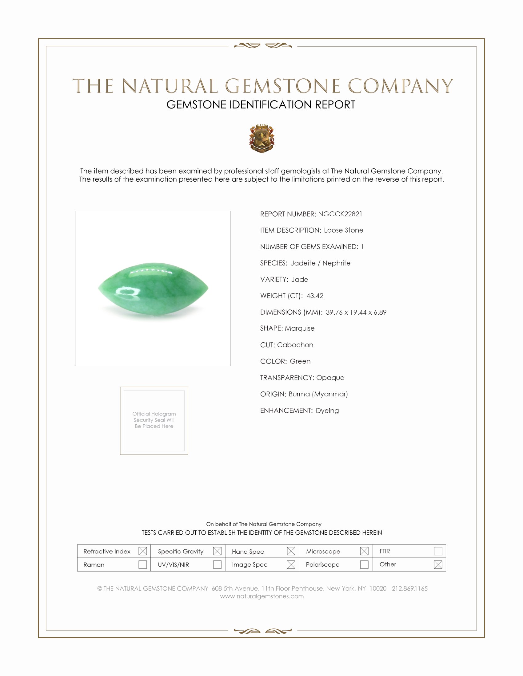 43.42 Ct. Green Cabochon Jade from Burma (Myanmar)