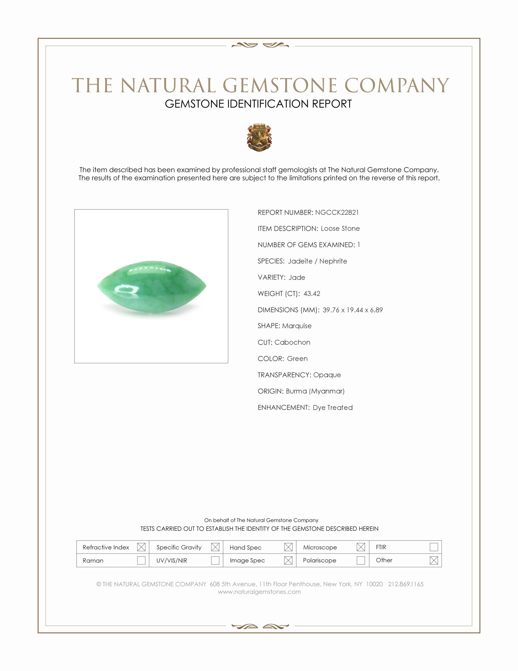 43.42 Ct. Green Cabochon Jade from Burma (Myanmar)