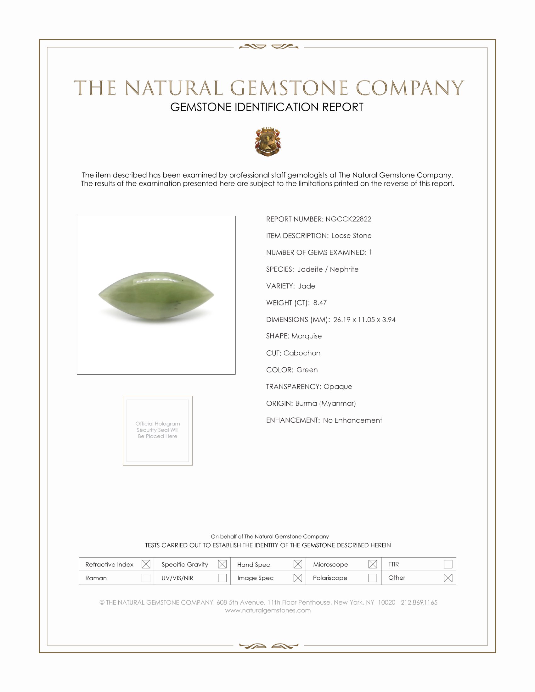 8.47 Ct. Green Cabochon Jade from Burma (Myanmar)