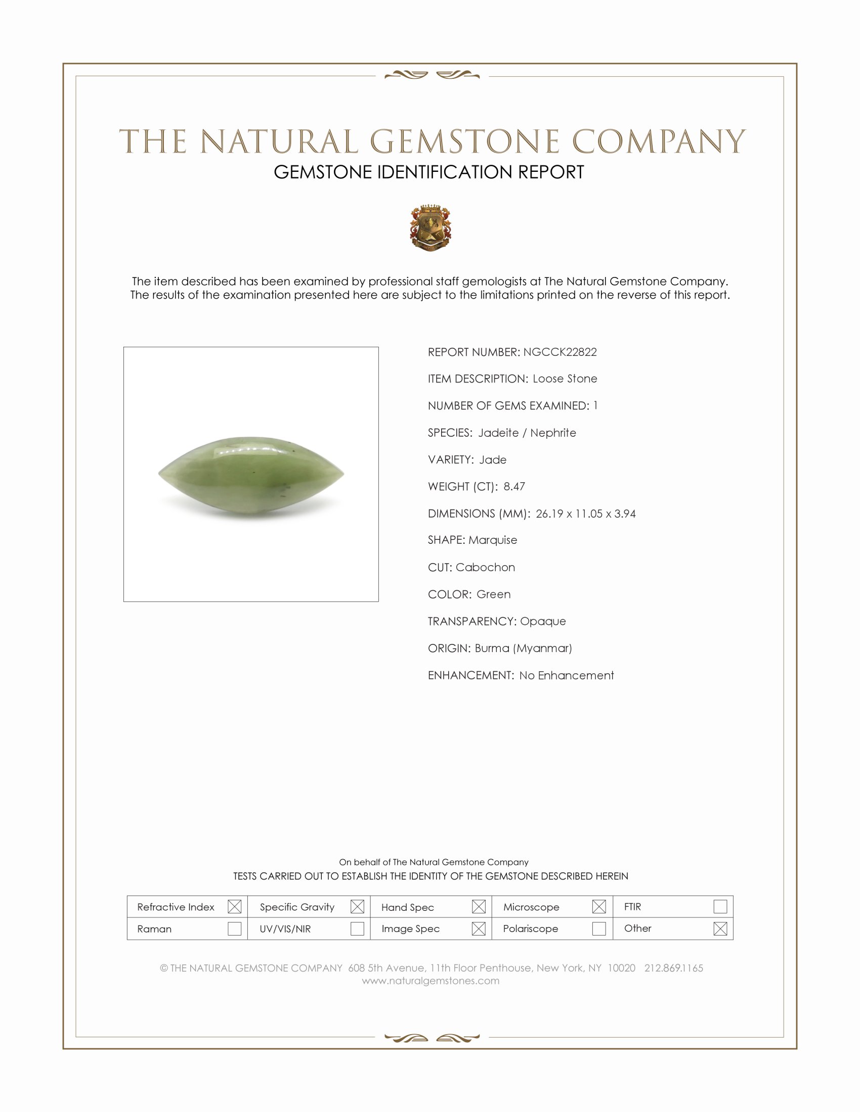 8.47 Ct. Green Cabochon Jade from Burma (Myanmar)