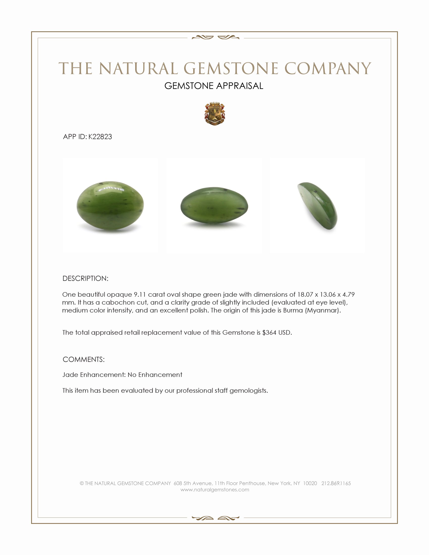 9.11 Ct. Green Cabochon Jade from Burma (Myanmar)