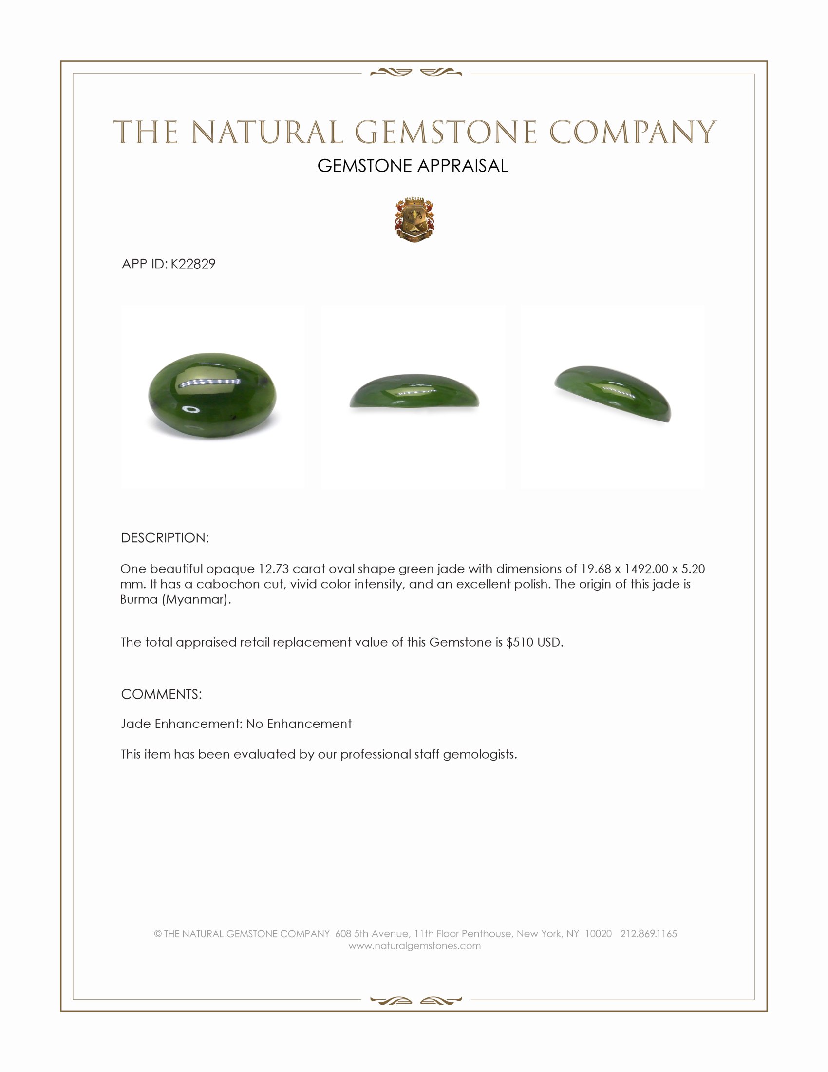 12.73 Ct. Green Cabochon Jade from Burma (Myanmar)