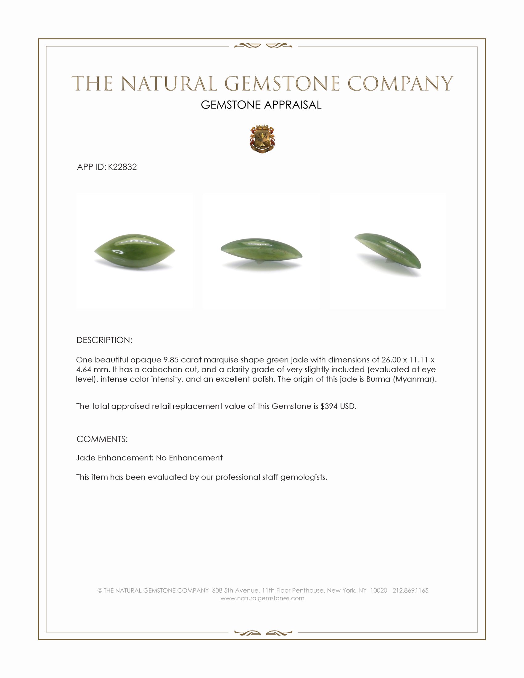 9.85 Ct. Green Cabochon Jade from Burma (Myanmar)