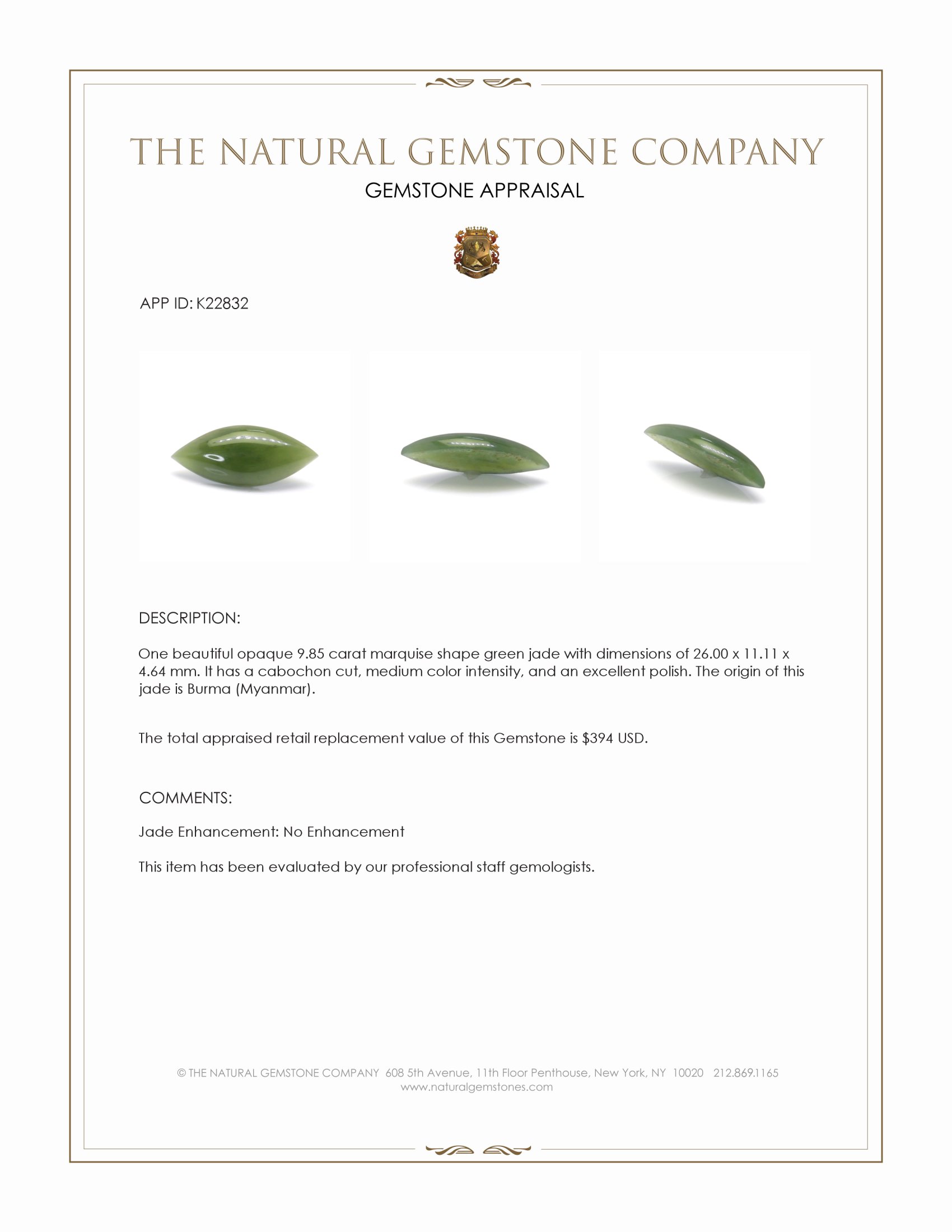 9.85 Ct. Green Cabochon Jade from Burma (Myanmar)